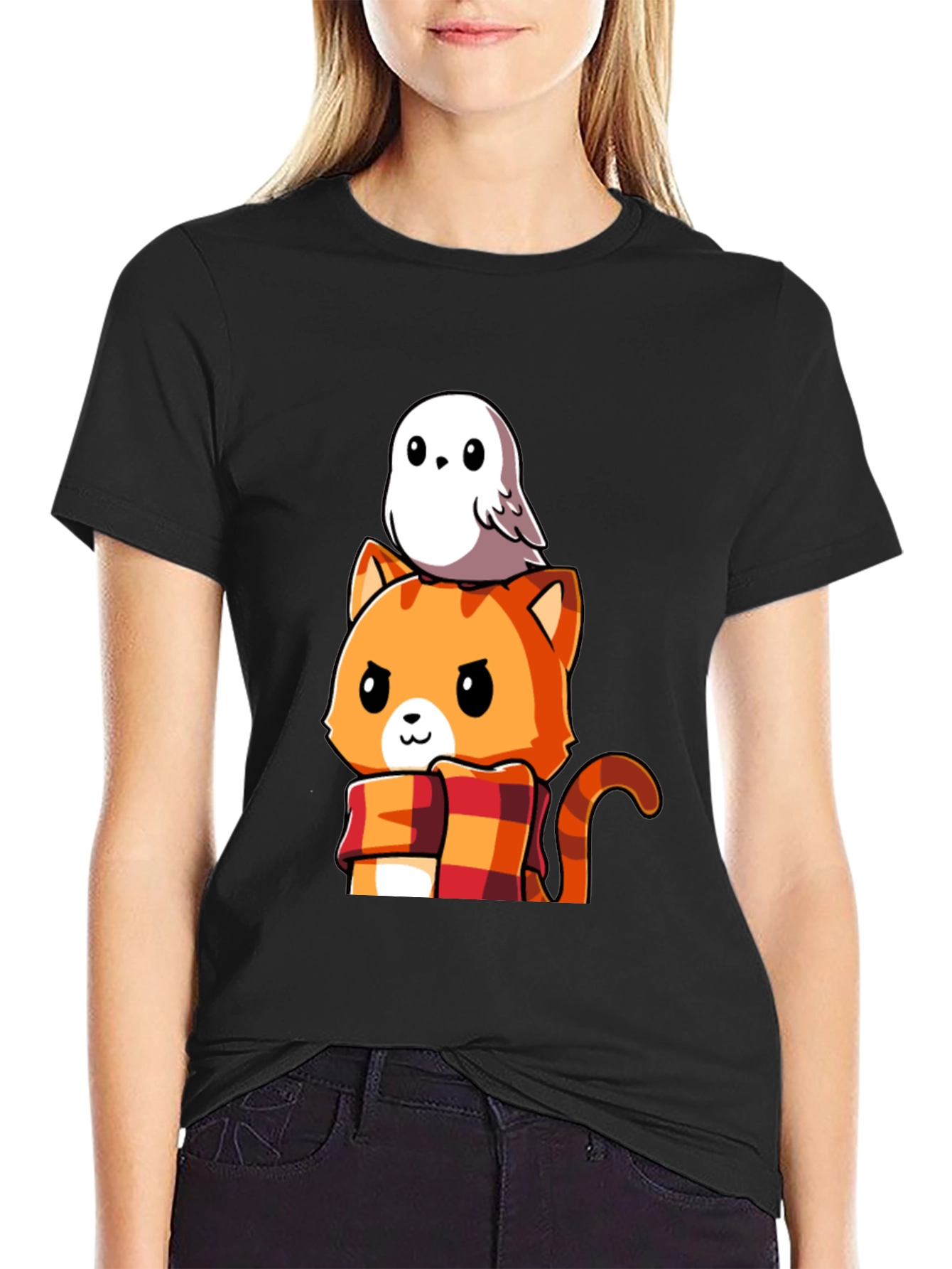 Cat & Owl Cartoon Graphic Tee