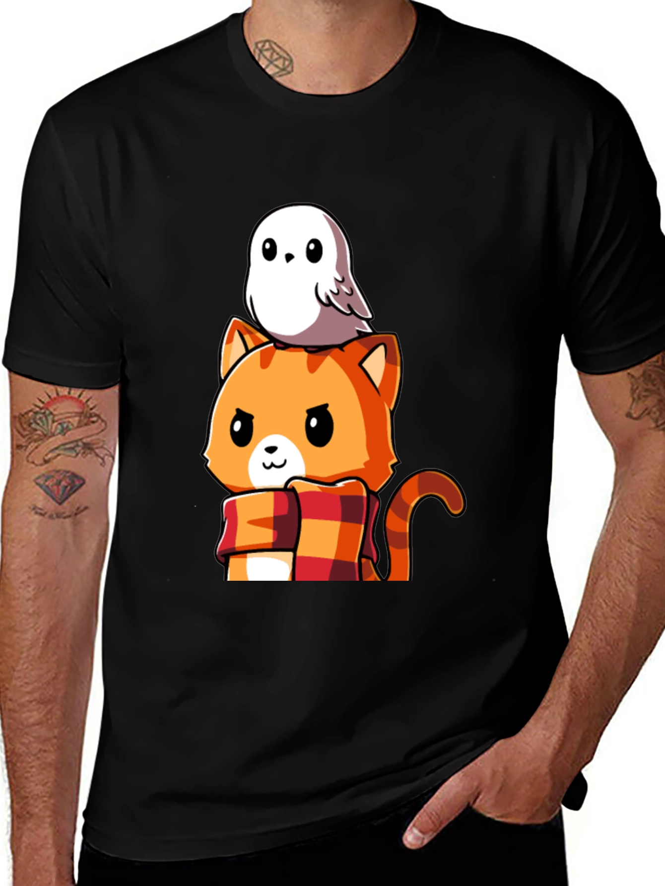Cat & Owl Cartoon Graphic Tee