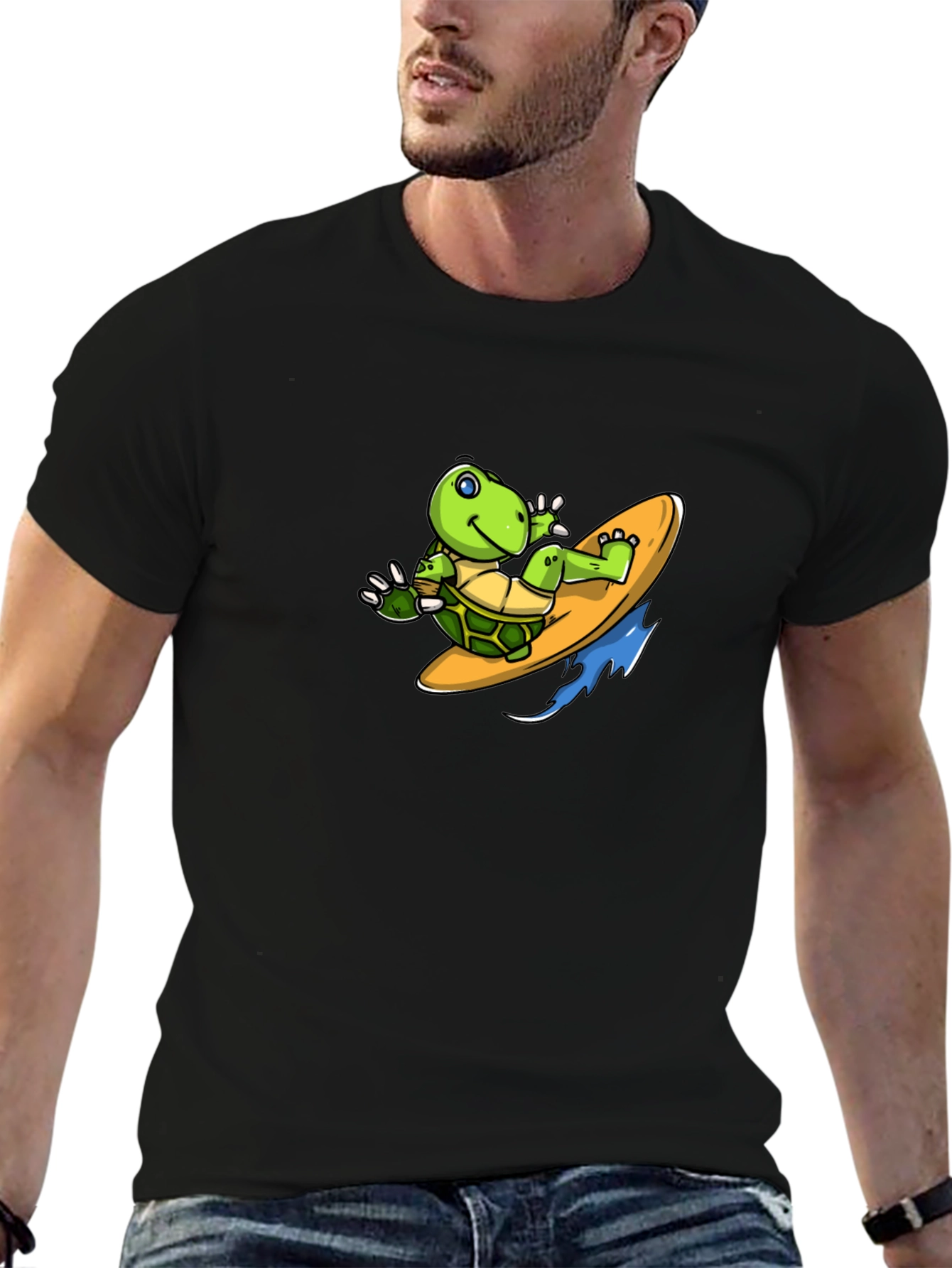 Surfing Turtle Graphic Tee - Black Cotton T-Shirt