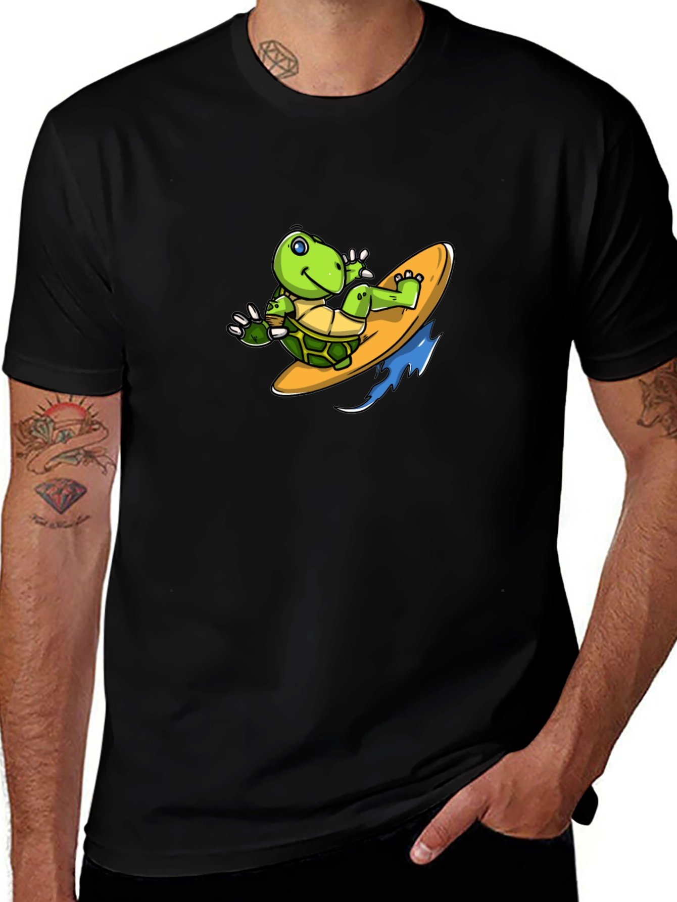 Surfing Turtle Graphic Tee - Black Cotton T-Shirt