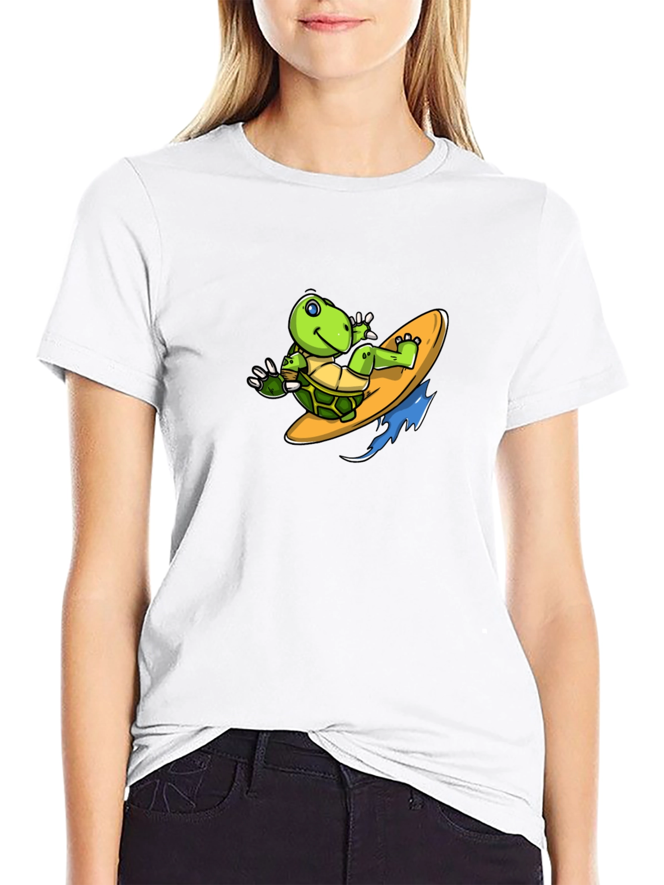 Surfing Turtle Graphic Tee - Black Cotton T-Shirt