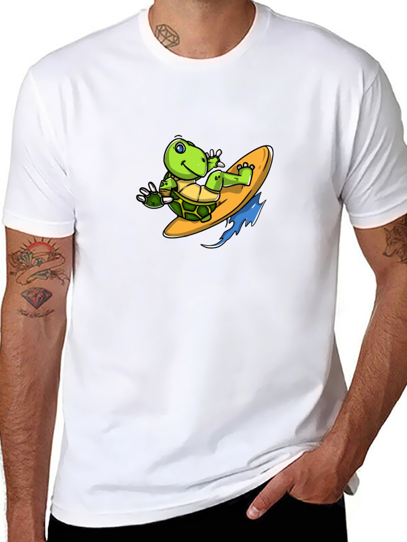 Surfing Turtle Graphic Tee - Black Cotton T-Shirt
