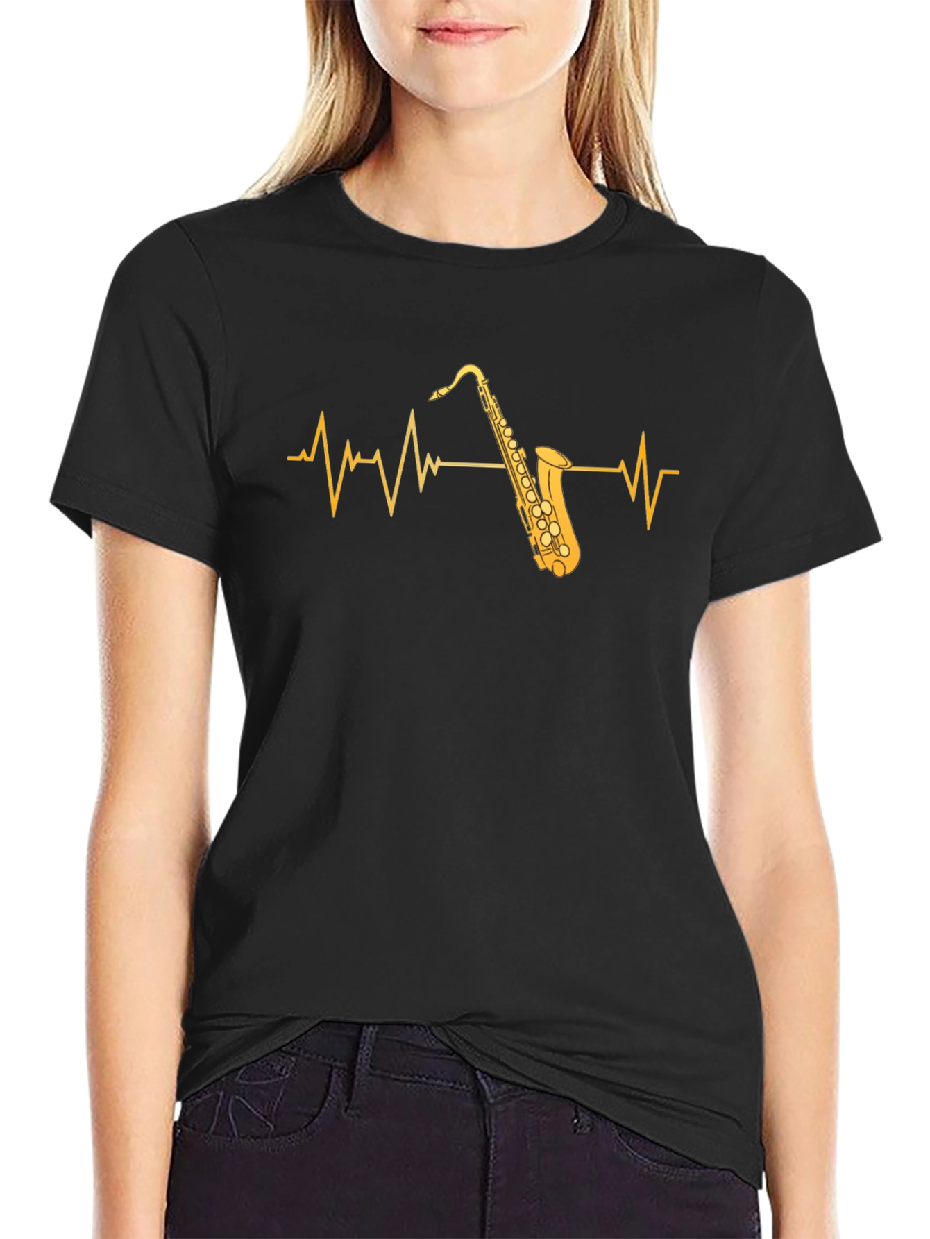 Saxophone Heartbeat Graphic Tee - Musicians Black T-Shirt