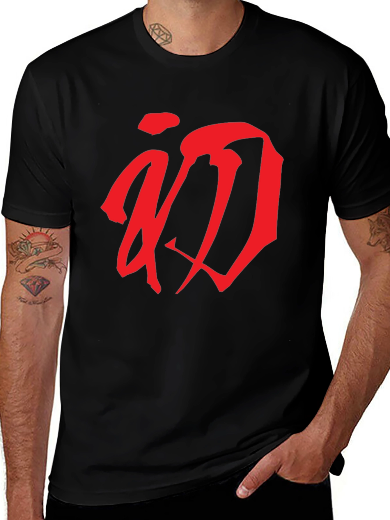Red Calligraphy Graphic T-Shirt - Black