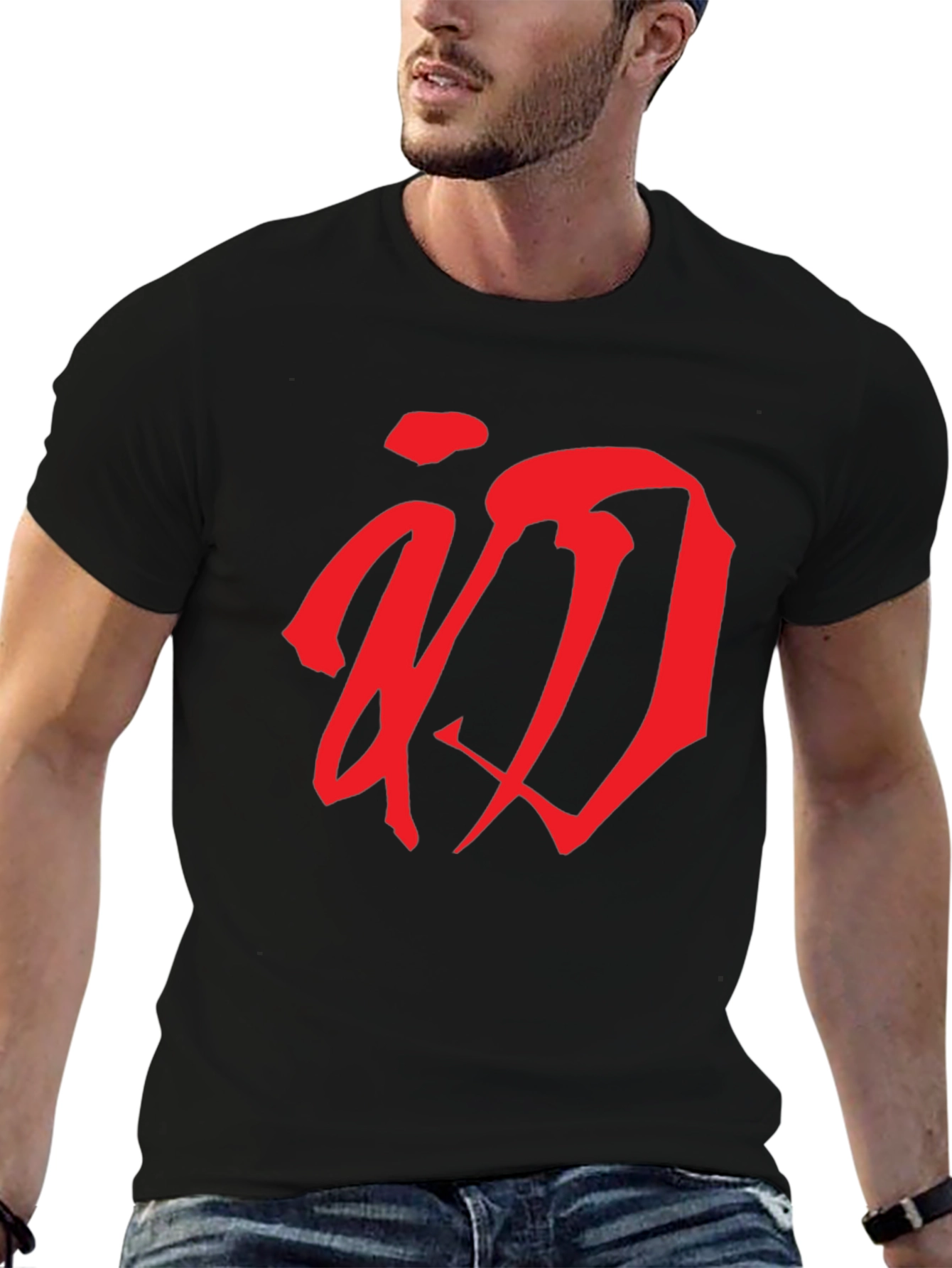 Red Calligraphy Graphic T-Shirt - Black