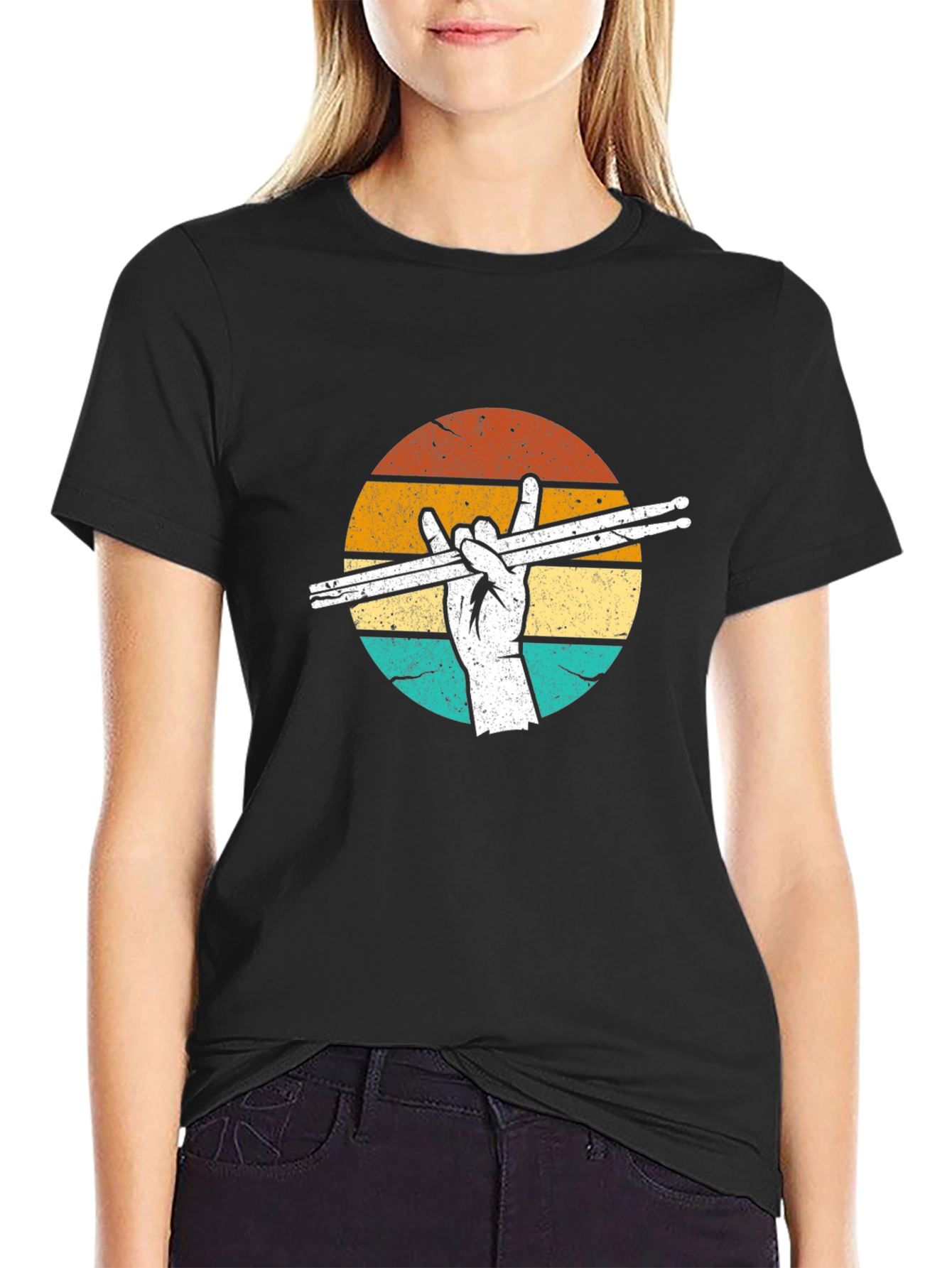 Retro Drummer T-Shirt: Rock Hand Drumsticks Graphic Tee