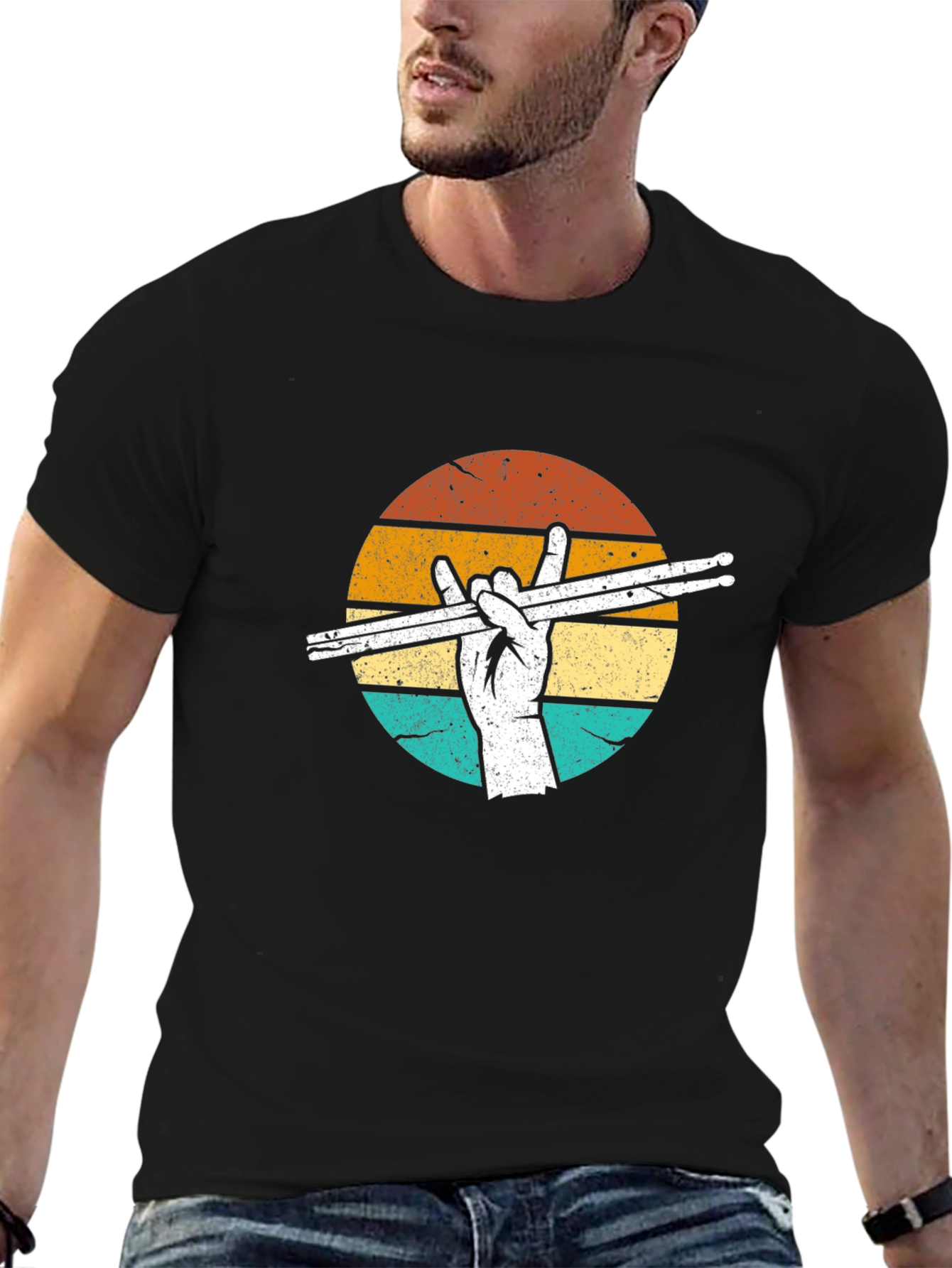 Retro Drummer T-Shirt: Rock Hand Drumsticks Graphic Tee