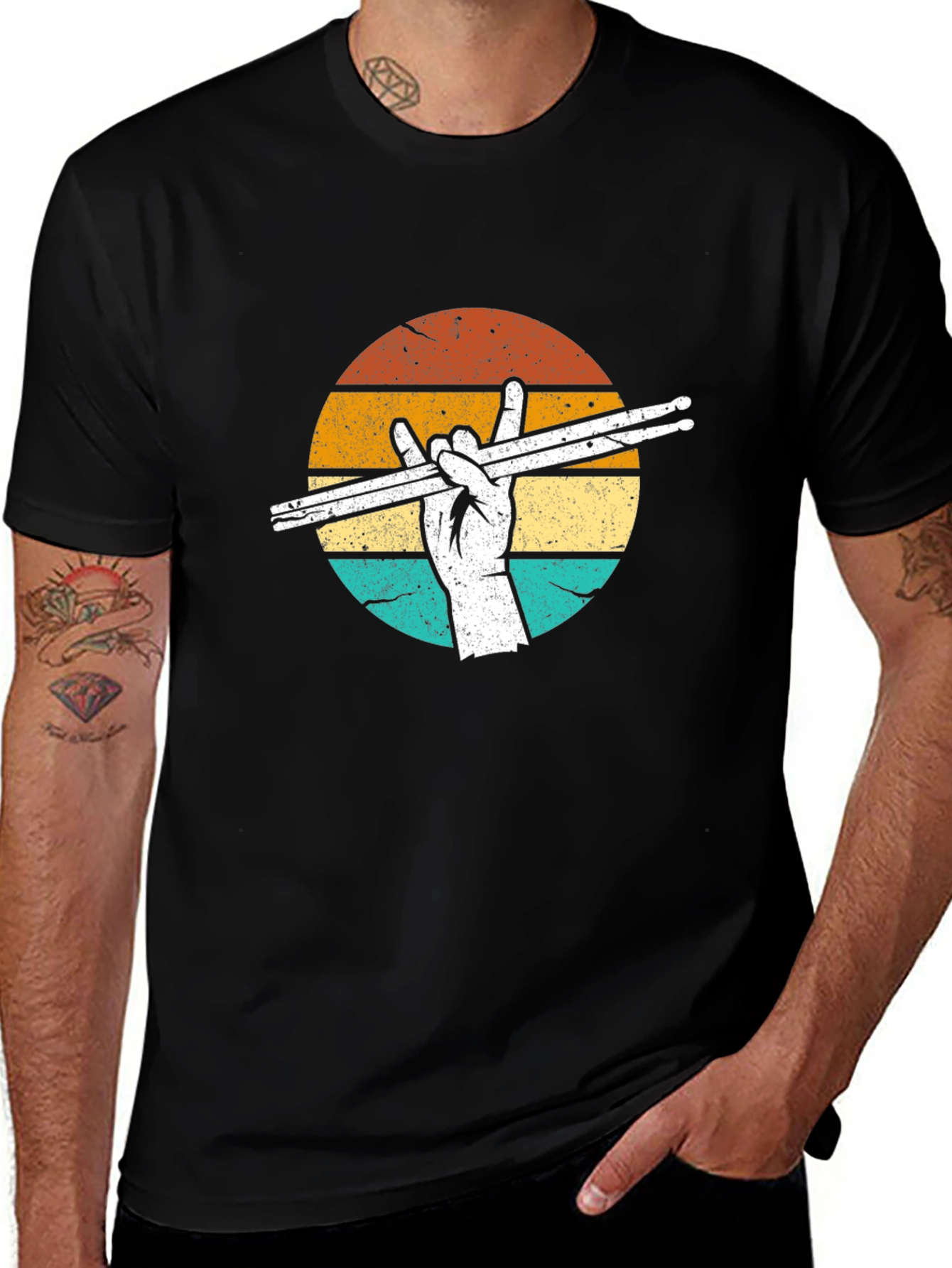 Retro Drummer T-Shirt: Rock Hand Drumsticks Graphic Tee