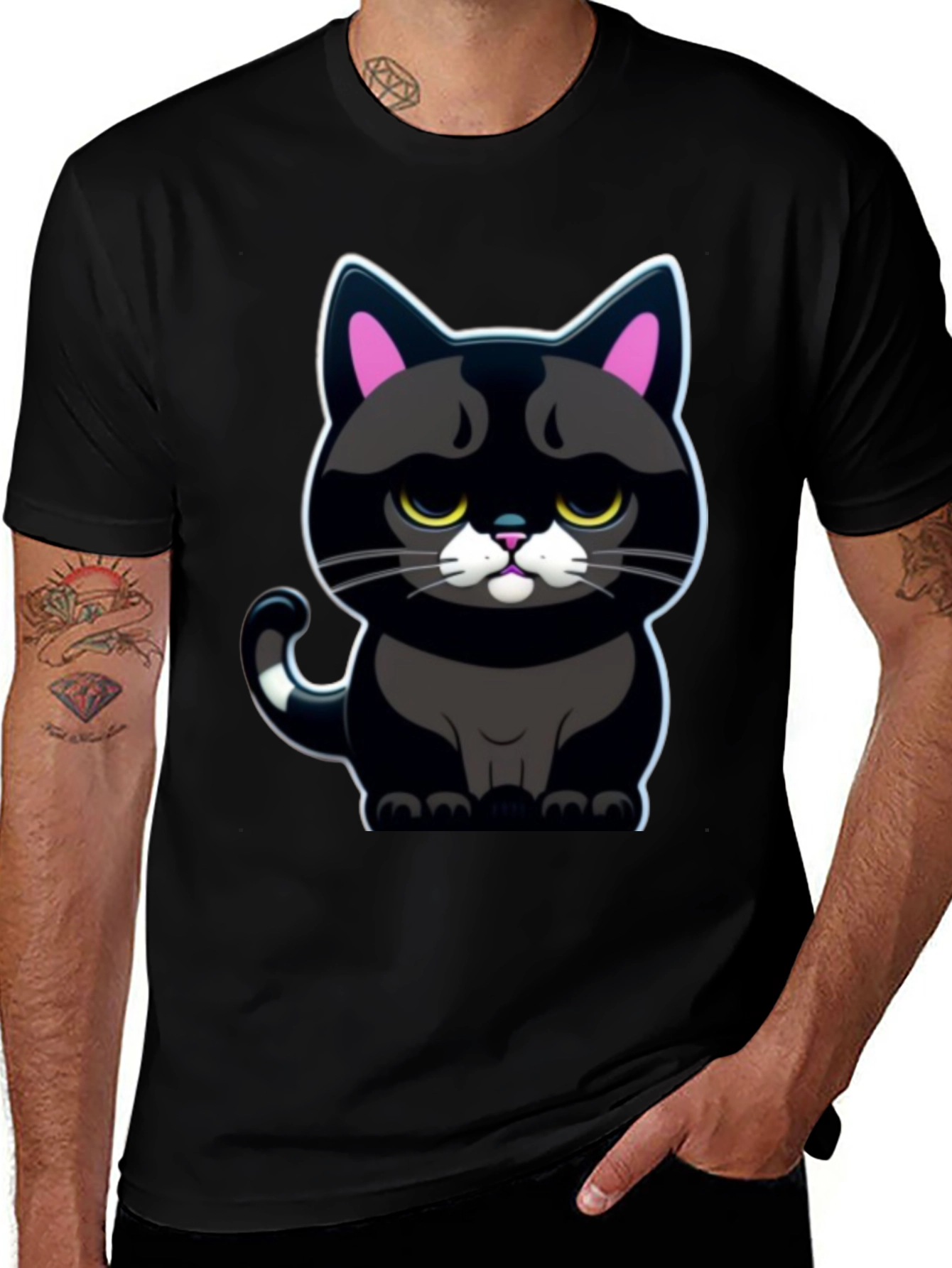 Grumpy Black Cat T-Shirt - Cute Cartoon Graphic Tee