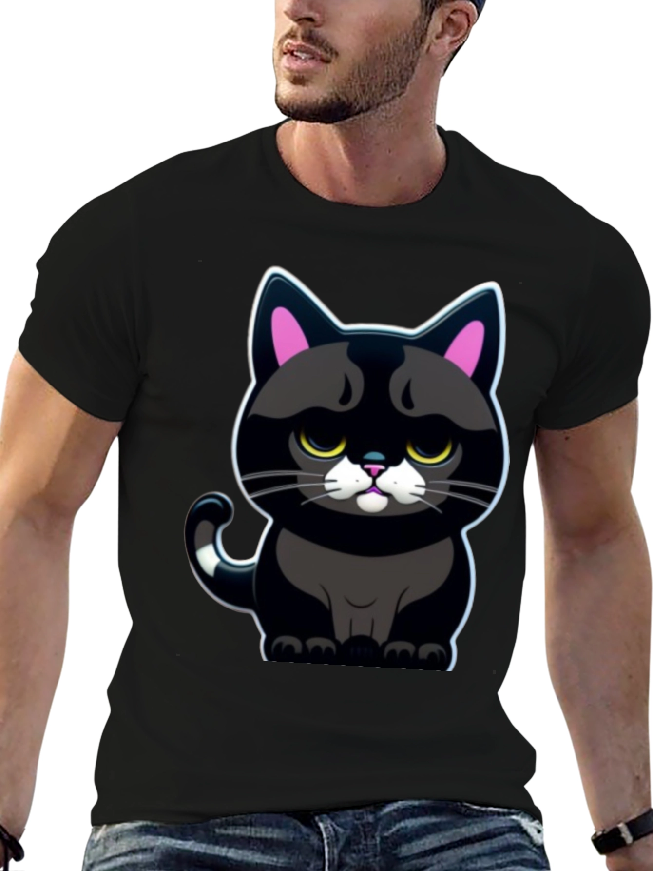 Grumpy Black Cat T-Shirt - Cute Cartoon Graphic Tee