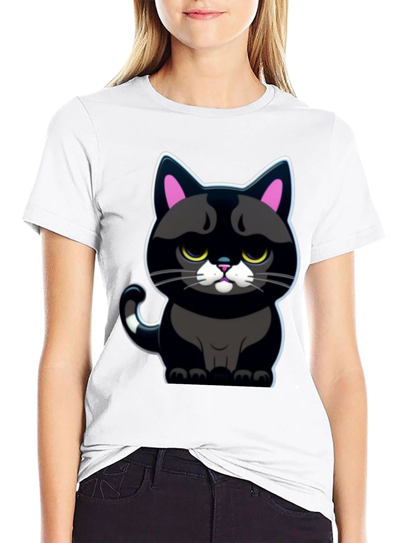 Grumpy Black Cat T-Shirt - Cute Cartoon Graphic Tee