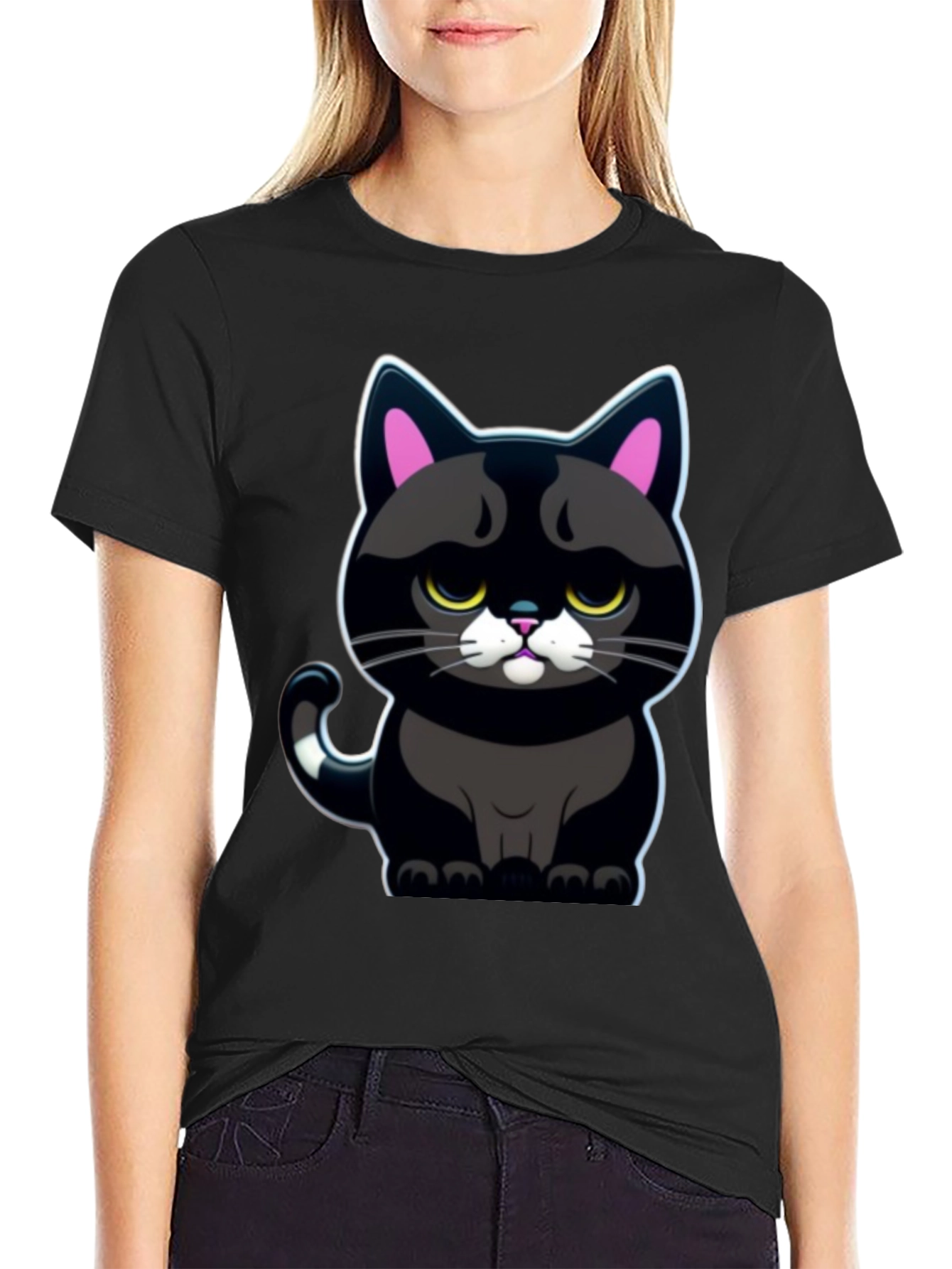Grumpy Black Cat T-Shirt - Cute Cartoon Graphic Tee
