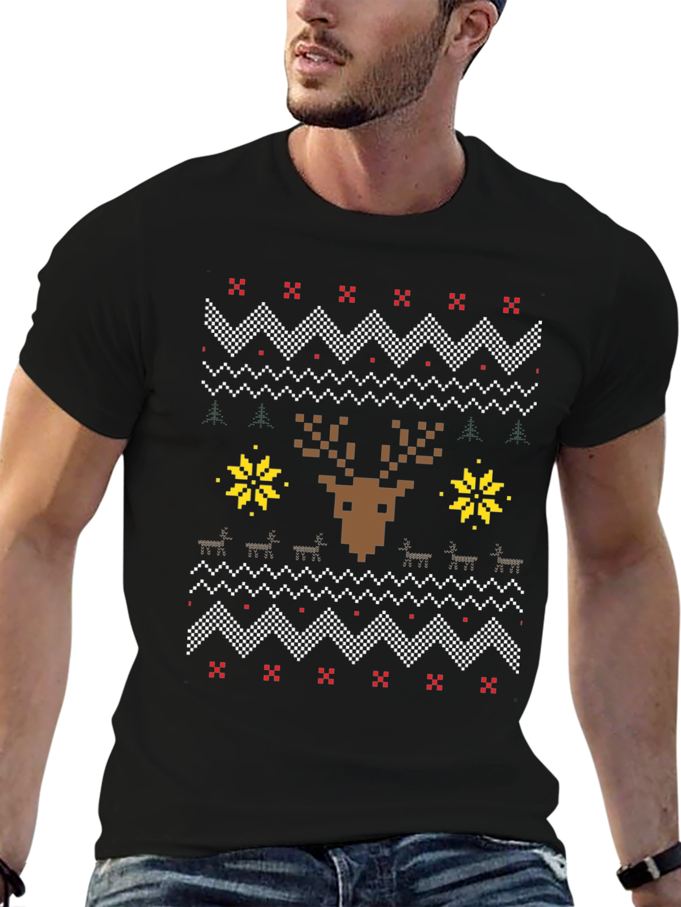 Pixelated Reindeer Christmas T-Shirt - Ugly Sweater Style
