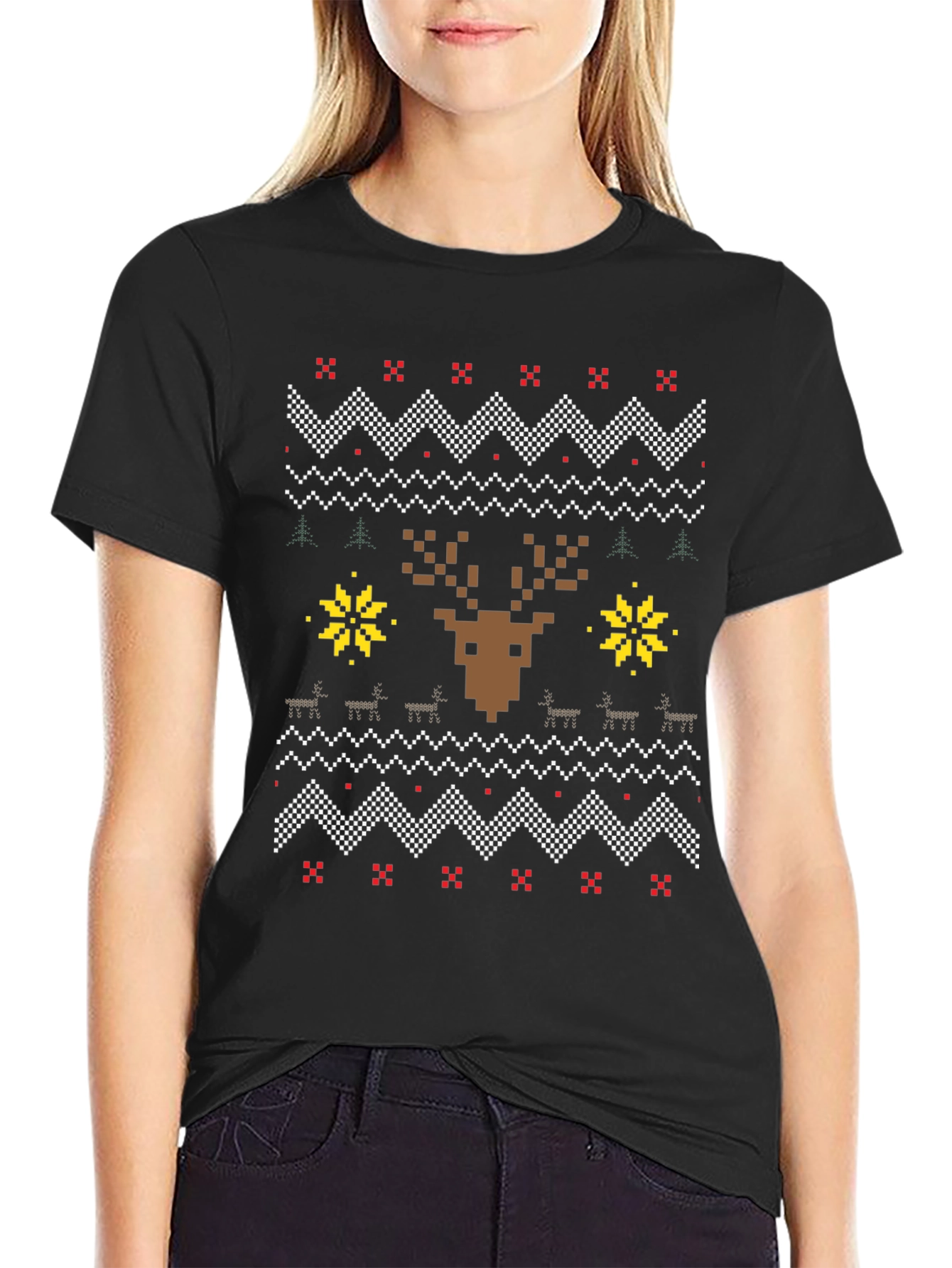 Pixelated Reindeer Christmas T-Shirt - Ugly Sweater Style