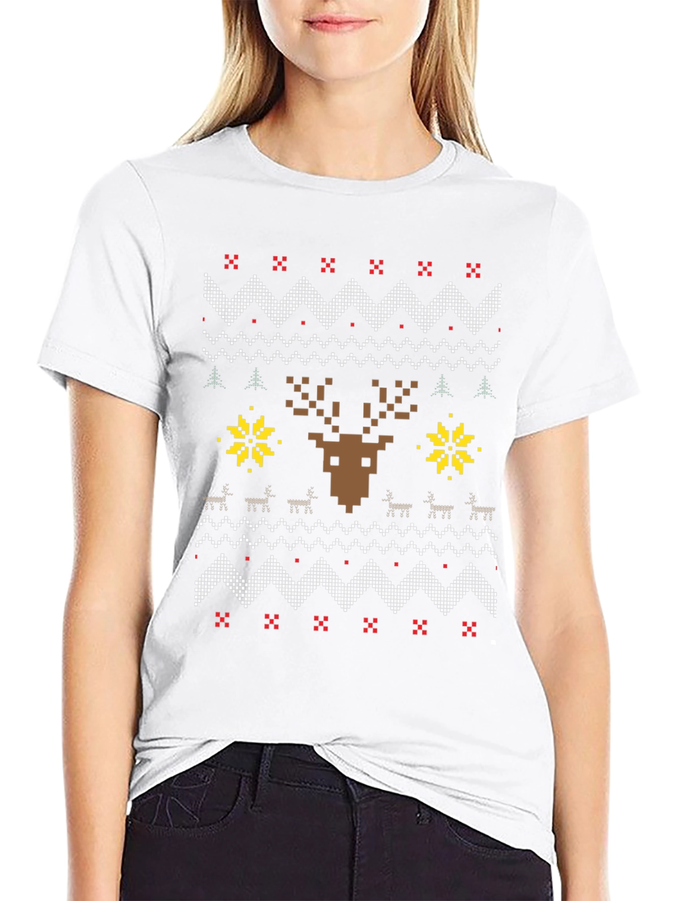 Pixelated Reindeer Christmas T-Shirt - Ugly Sweater Style