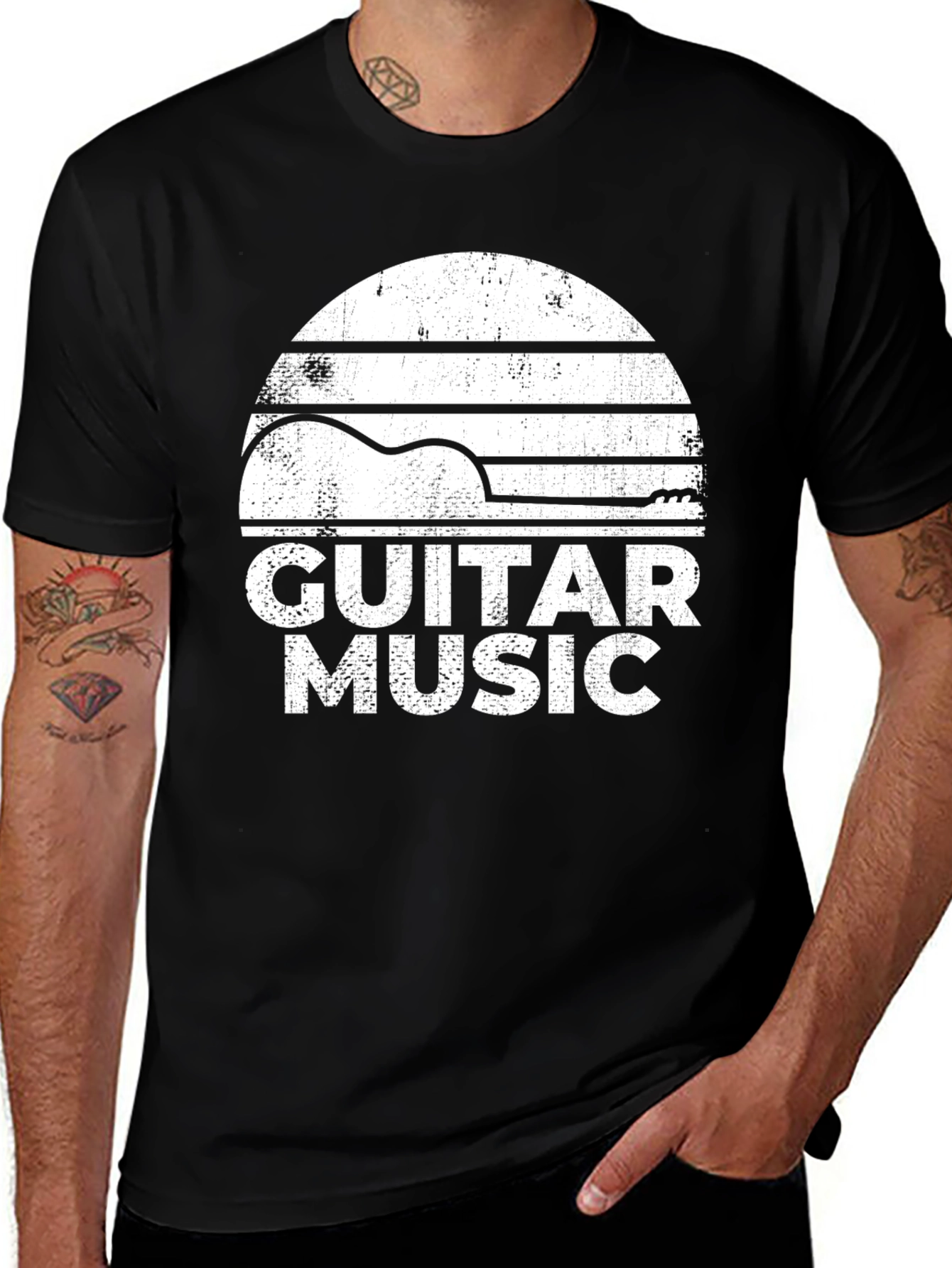 Guitar Music Graphic Tee - Retro Style Black T-Shirt