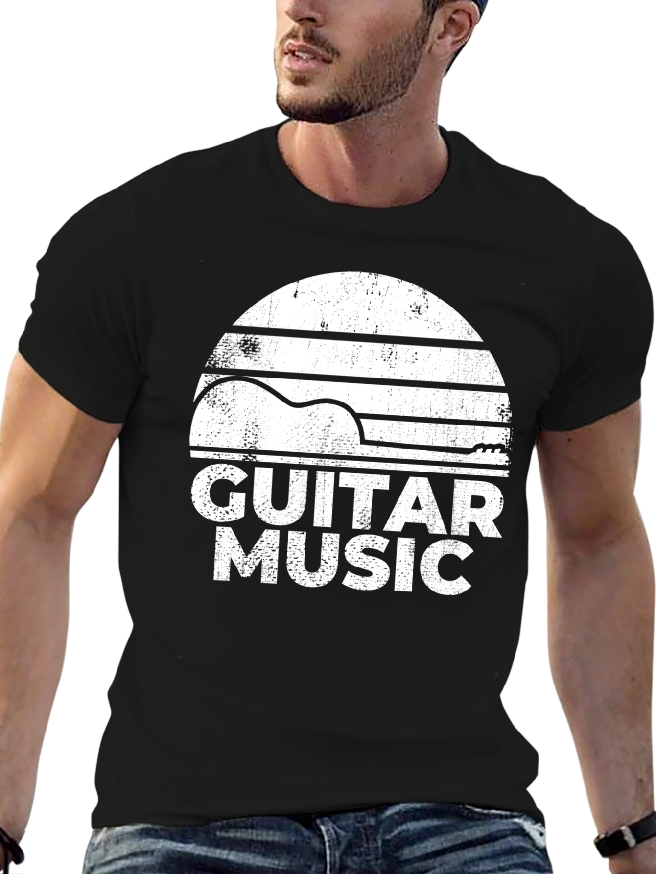 Guitar Music Graphic Tee - Retro Style Black T-Shirt