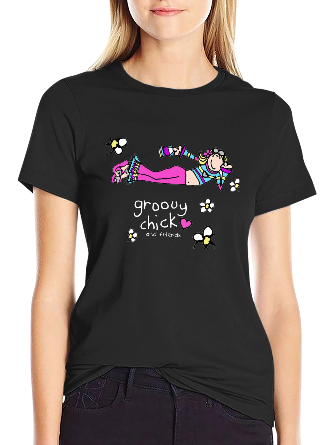 Groovy Chick T-Shirt - Relaxed Fit Black Cotton