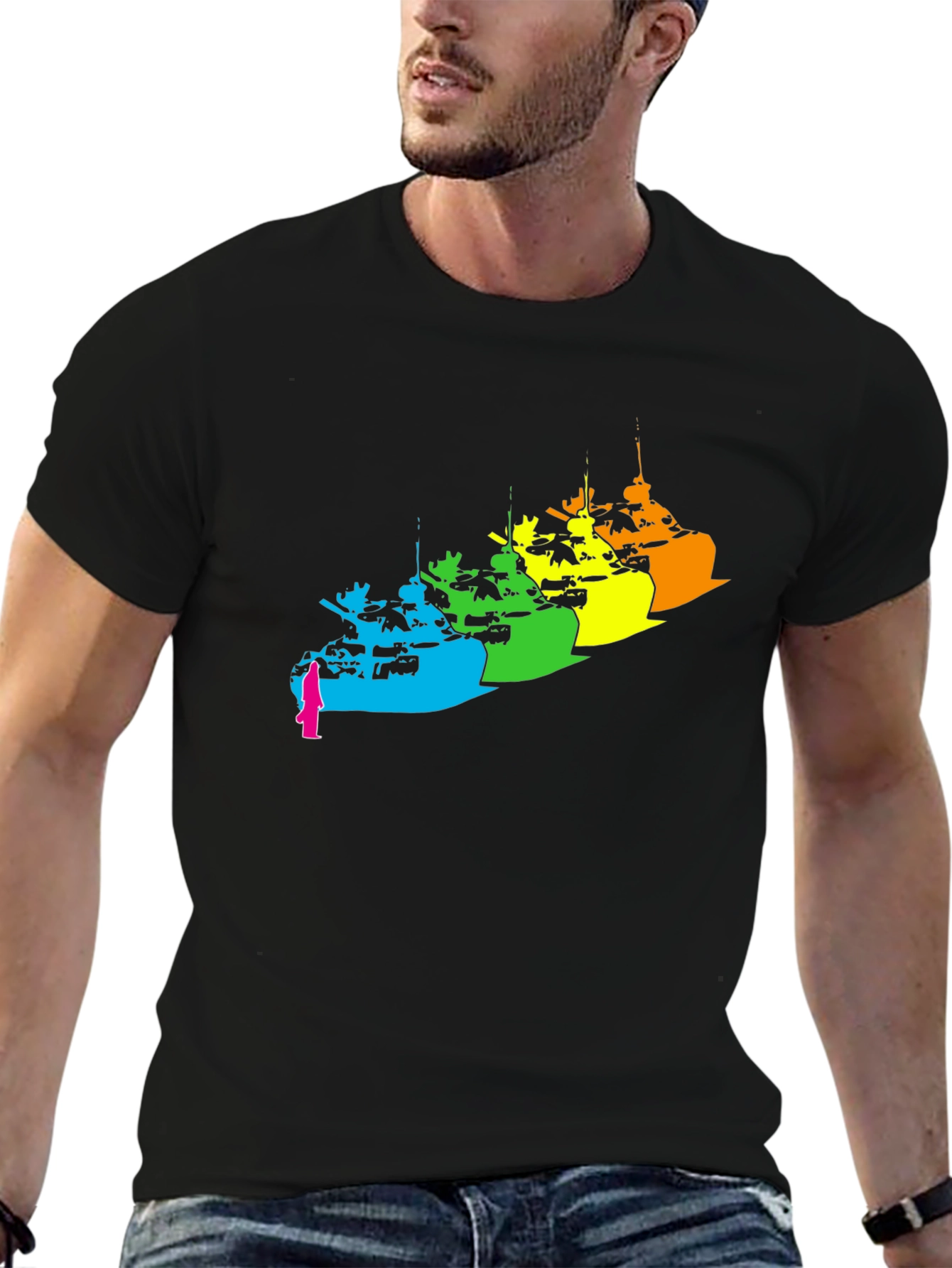 Rainbow Tank Graphic Tee - Modern Black T-Shirt