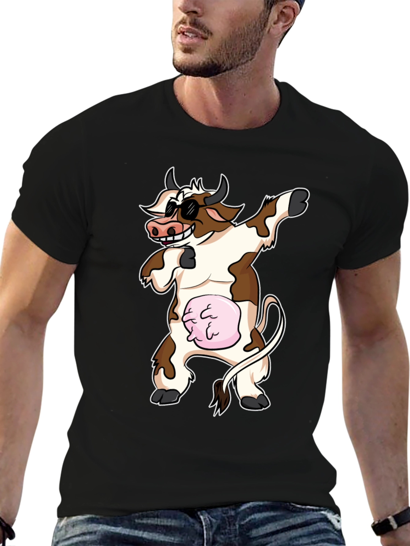 Dabbing Cow Graphic Tee - Funny Cartoon Style