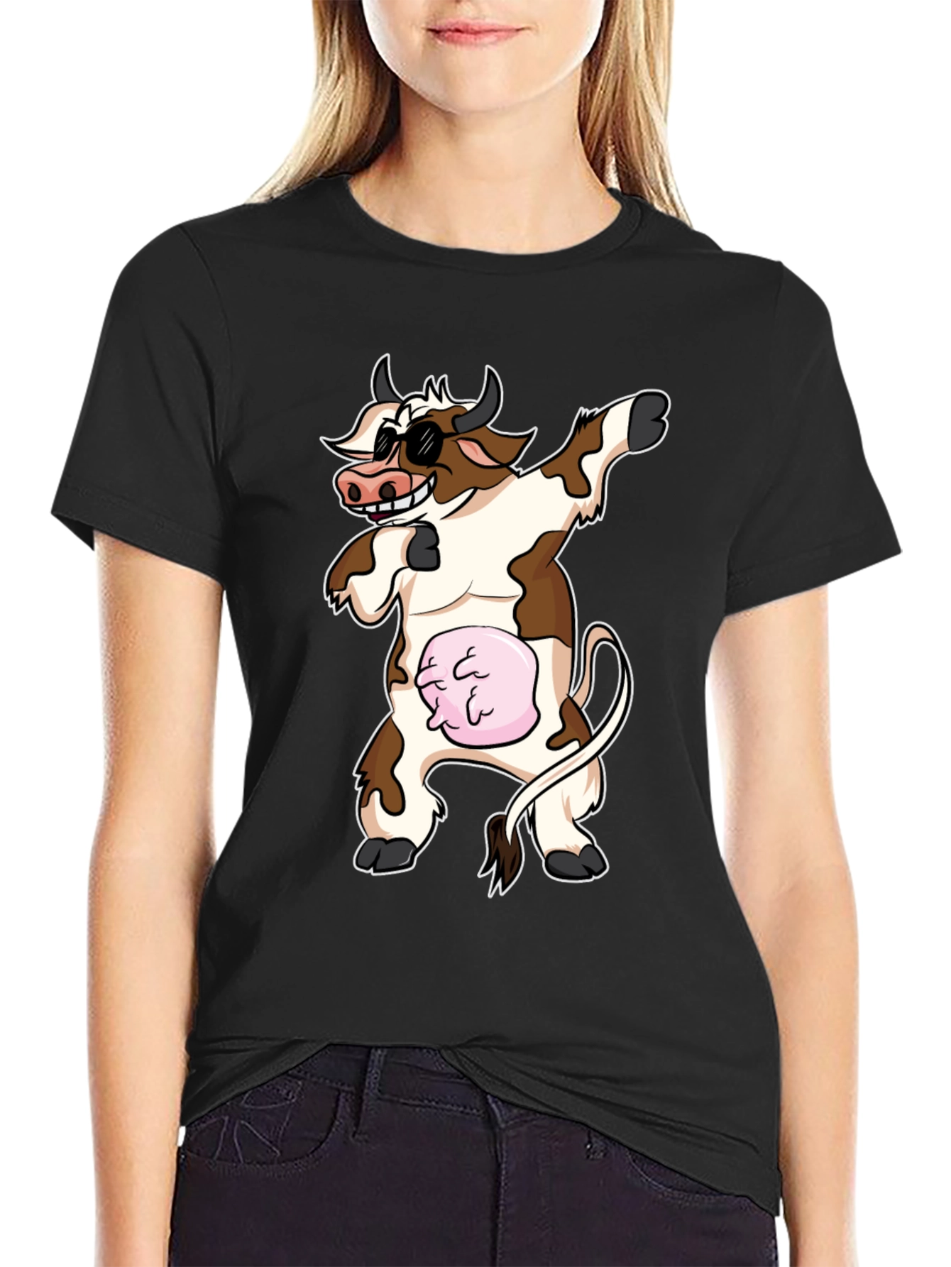 Dabbing Cow Graphic Tee - Funny Cartoon Style