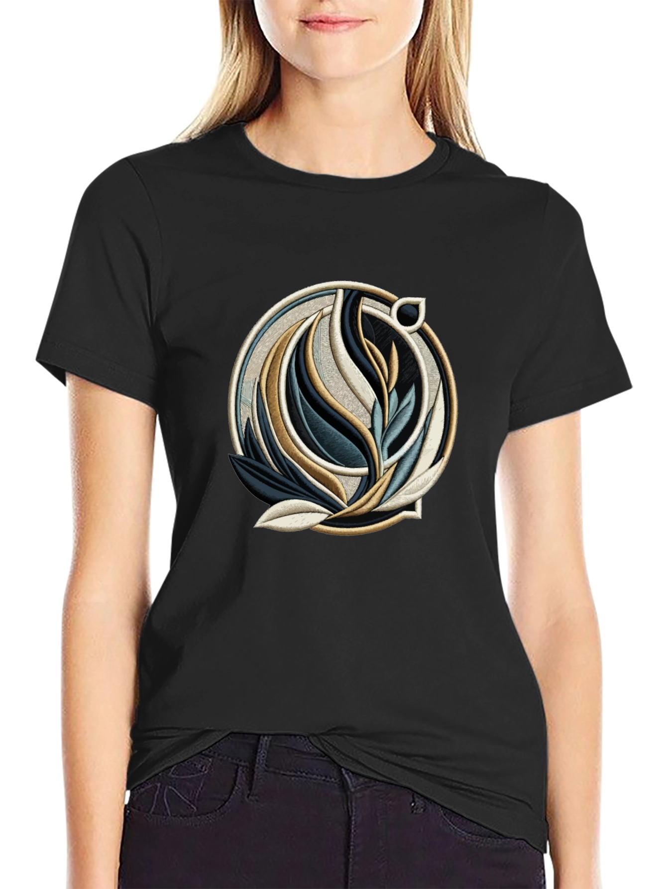 Abstract Floral Emblem Black T-Shirt