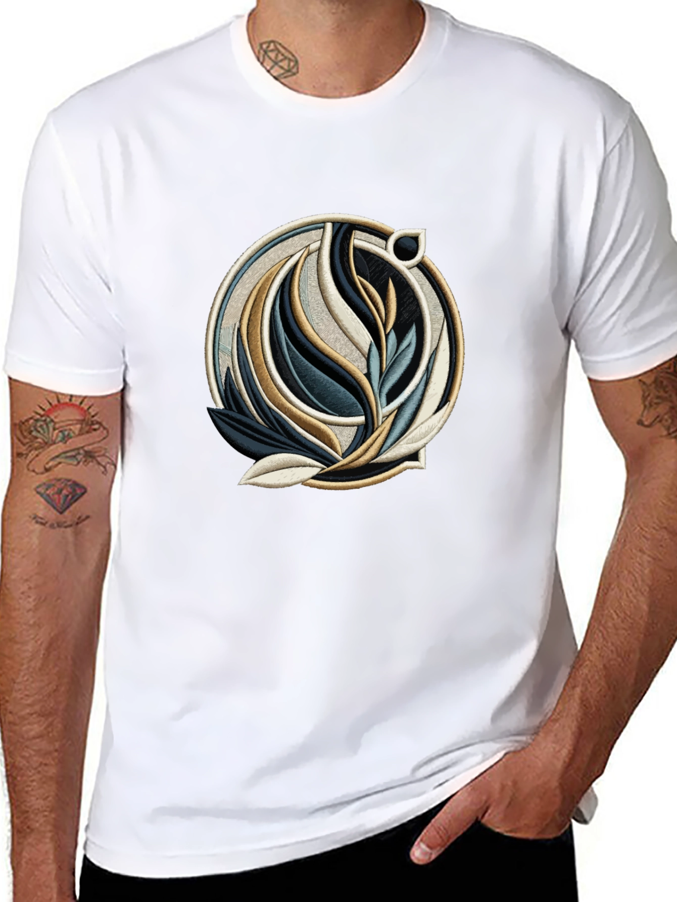 Abstract Floral Emblem Black T-Shirt