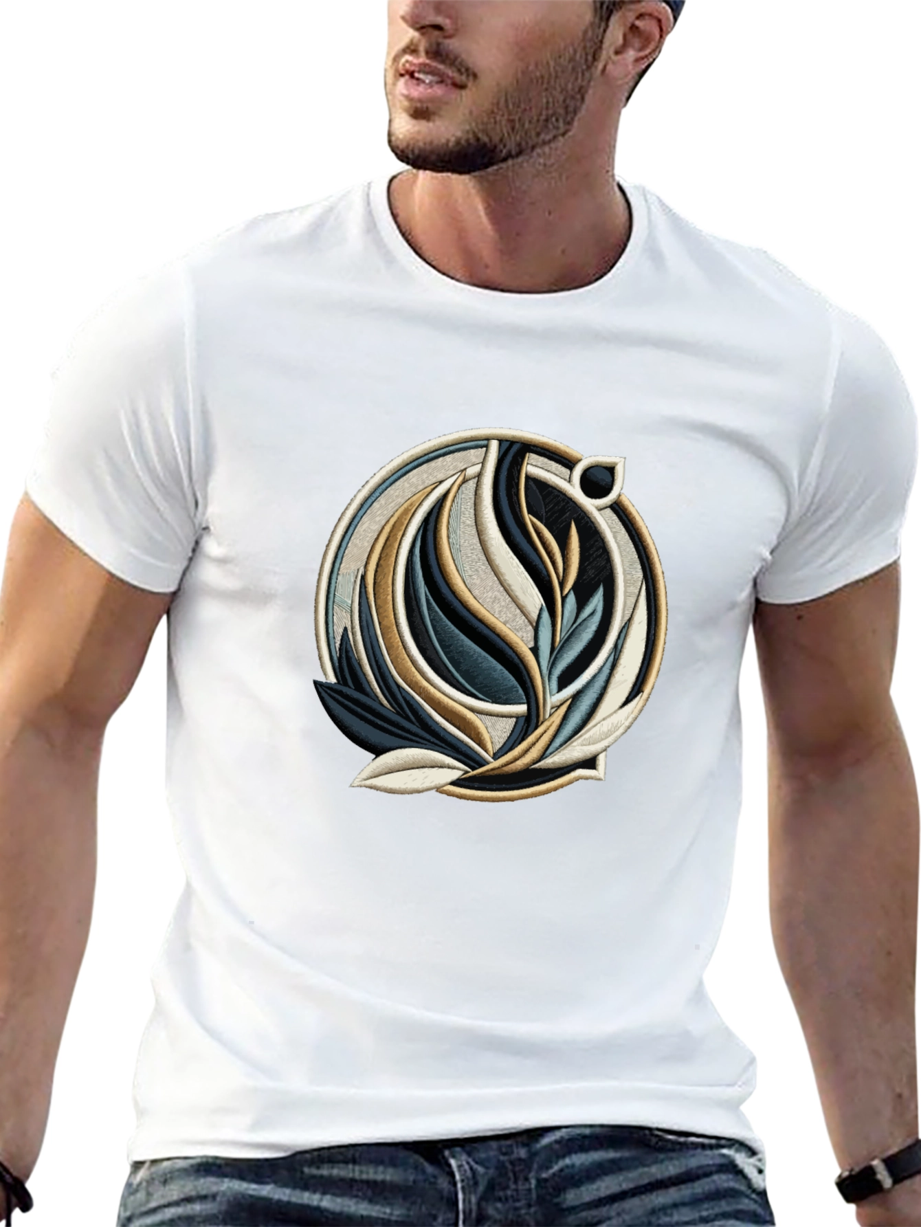 Abstract Floral Emblem Black T-Shirt
