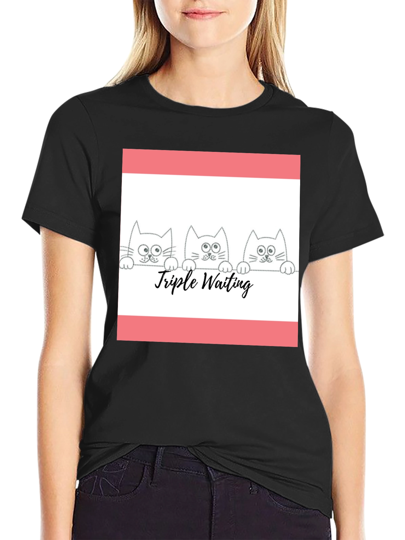 Triple Waiting Cats Black T-Shirt - Cute Graphic Tee