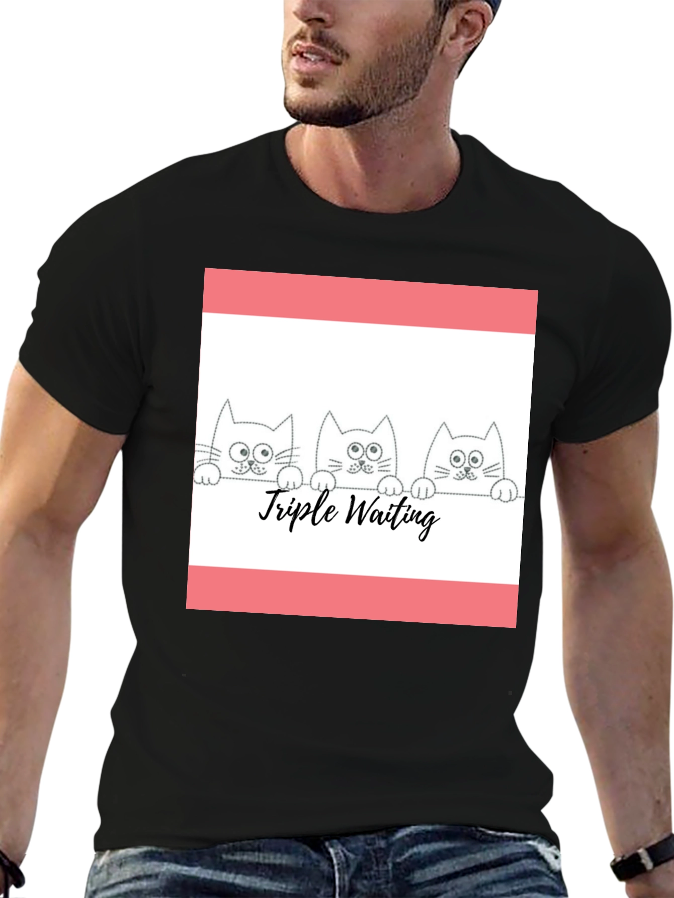 Triple Waiting Cats Black T-Shirt - Cute Graphic Tee