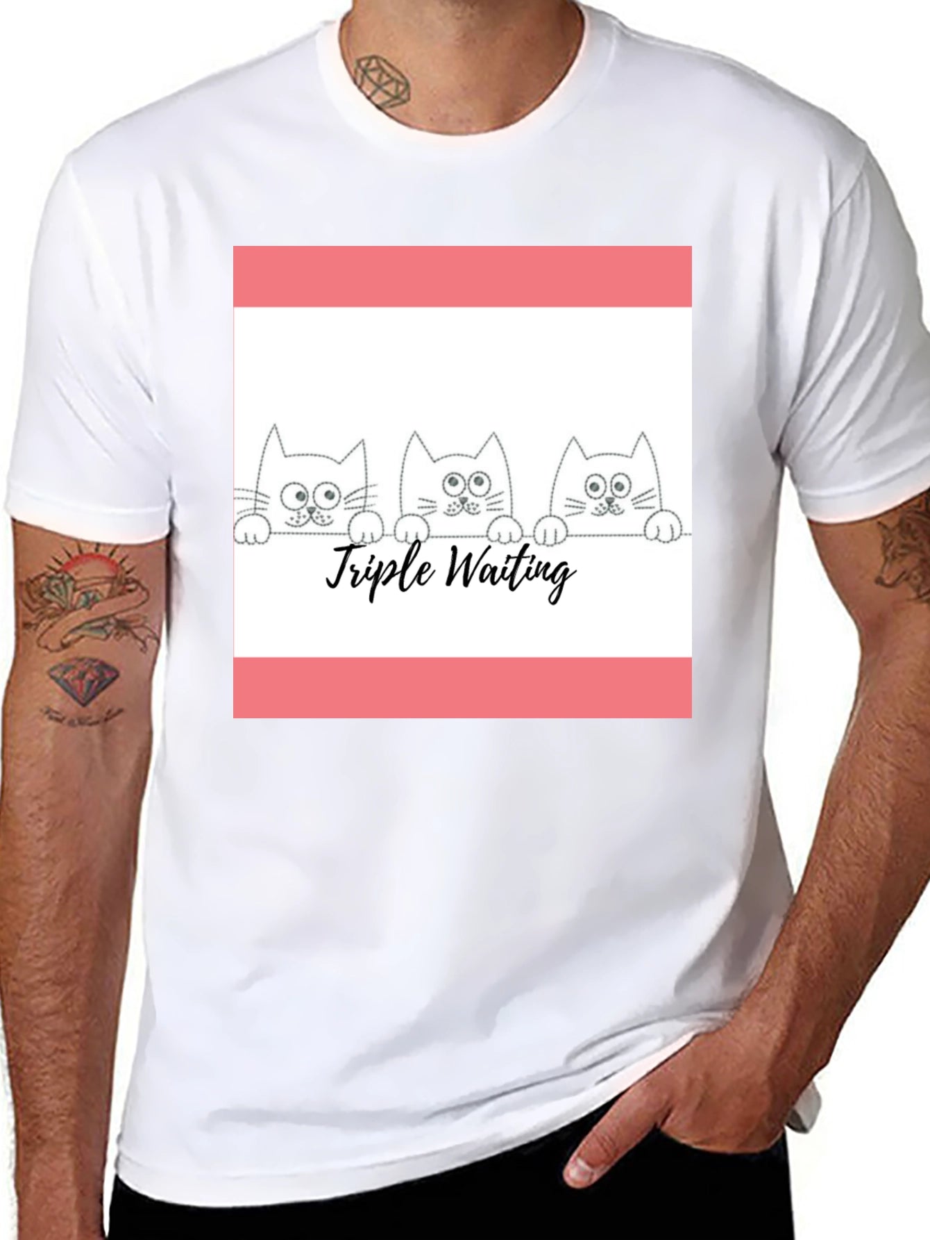 Triple Waiting Cats Black T-Shirt - Cute Graphic Tee