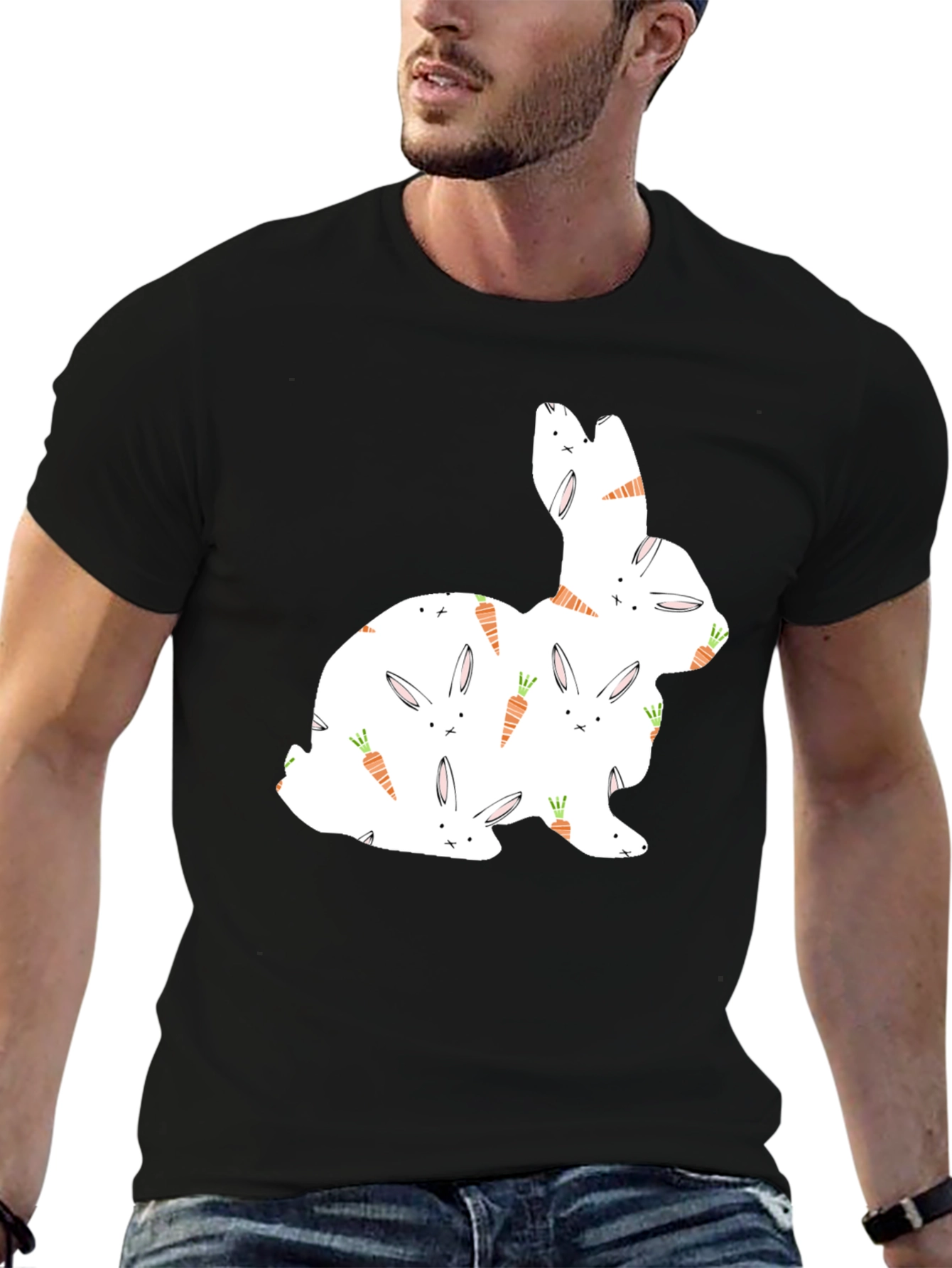 Bunny & Carrot Pattern Black T-Shirt