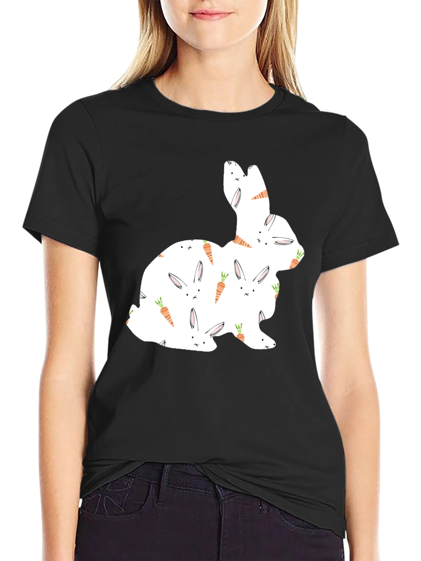 Bunny & Carrot Pattern Black T-Shirt