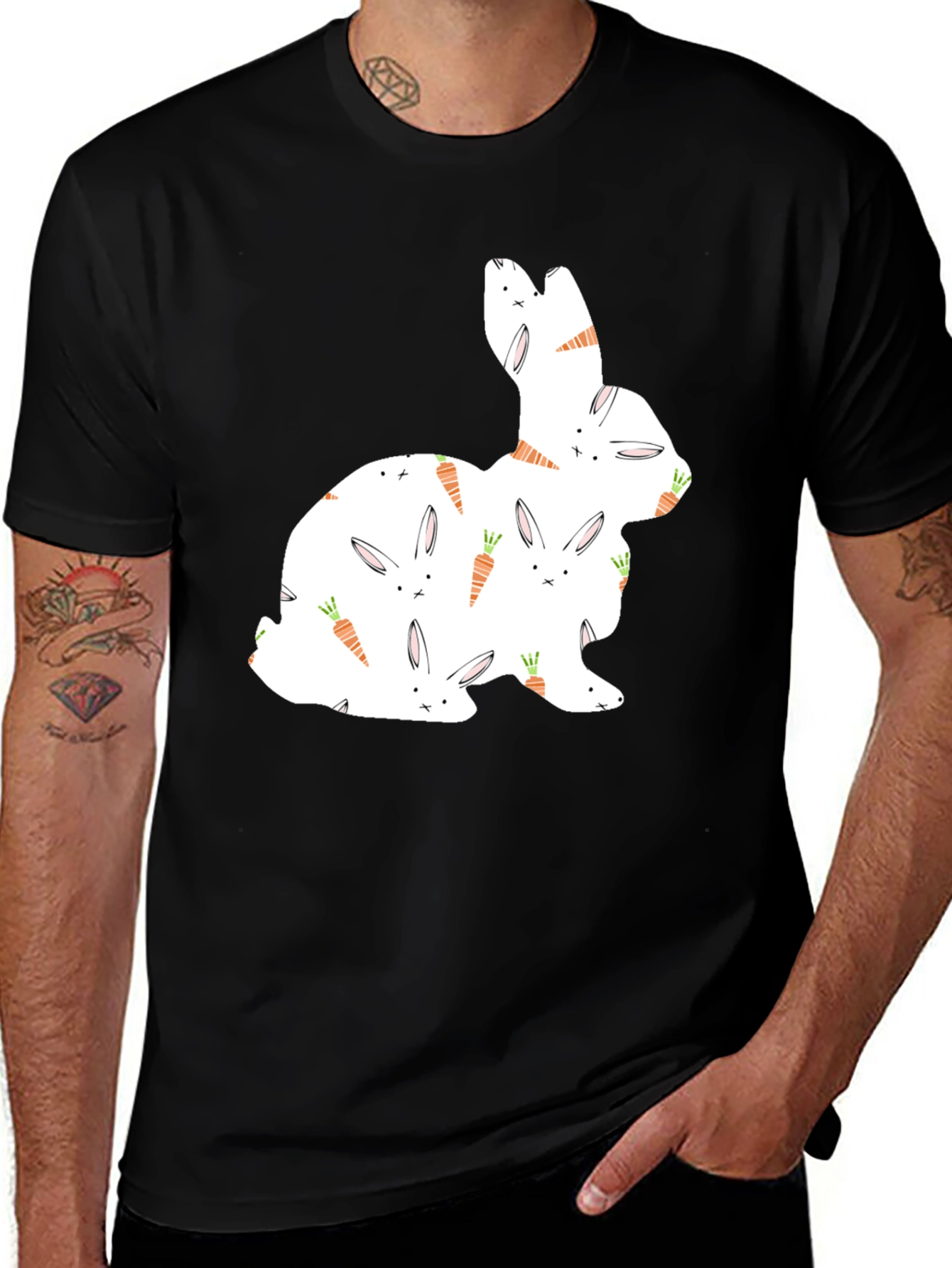 Bunny & Carrot Pattern Black T-Shirt