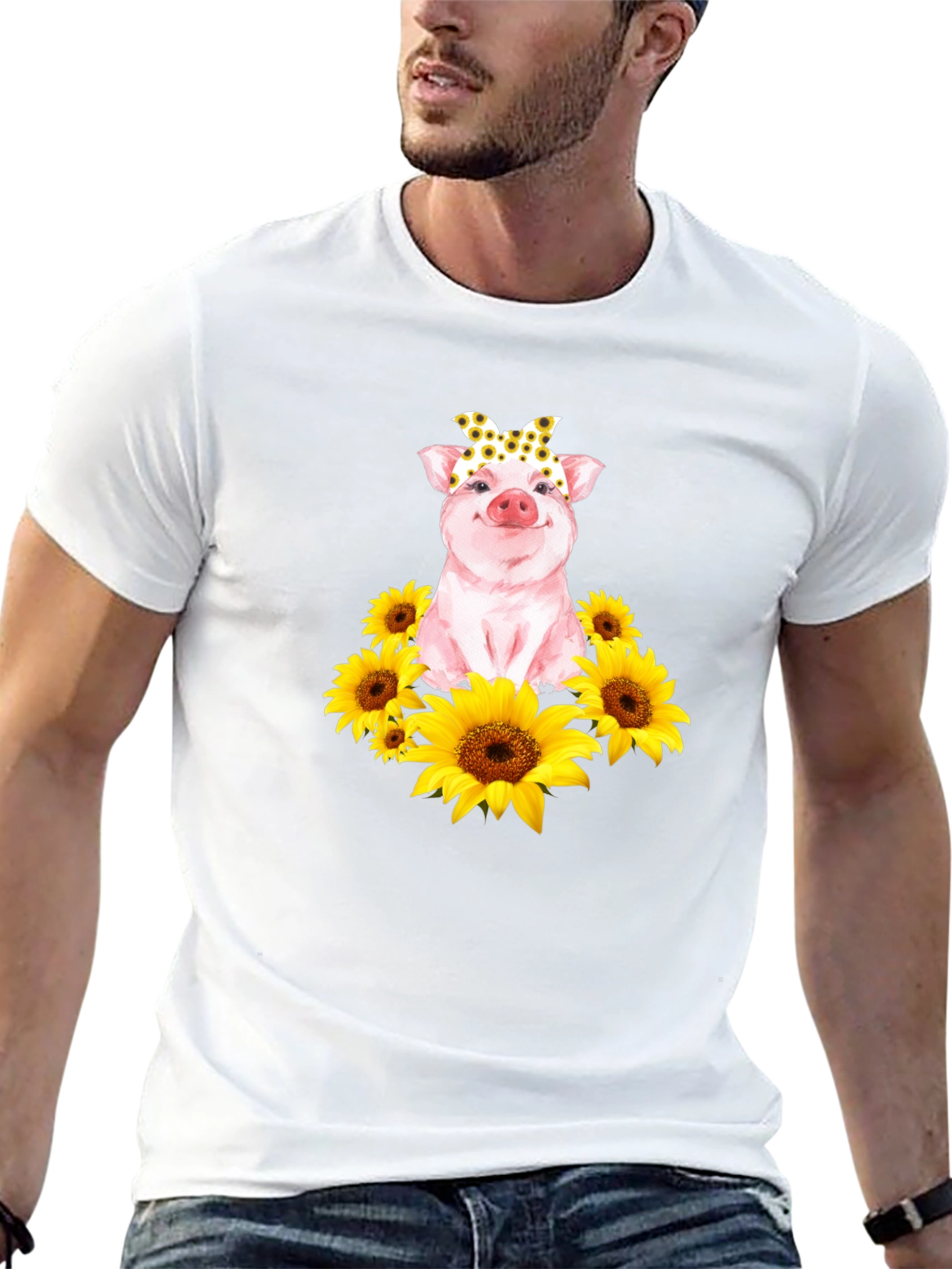 Cute Pig Sunflower T-Shirt - Unisex Black Tee