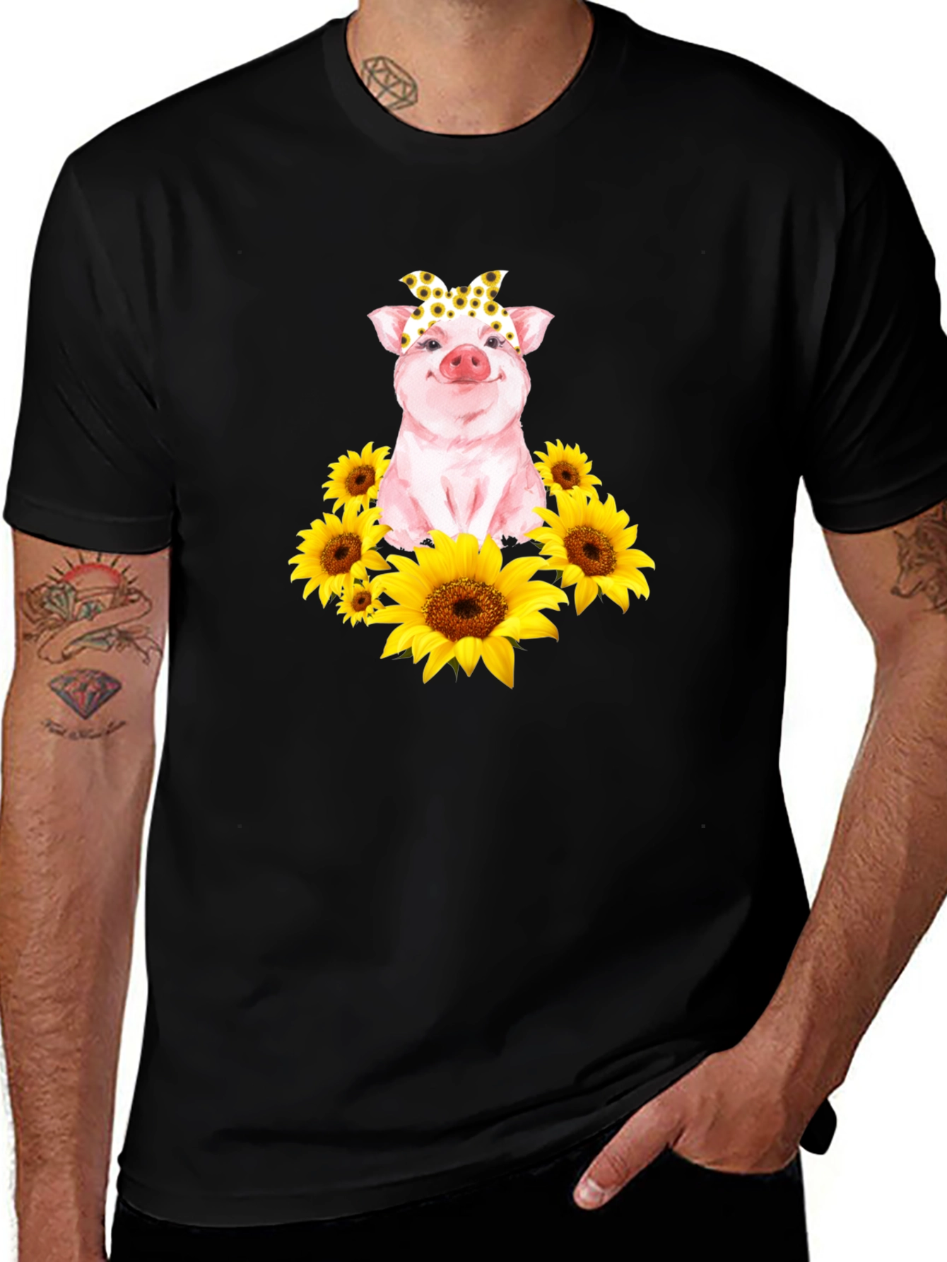 Cute Pig Sunflower T-Shirt - Unisex Black Tee