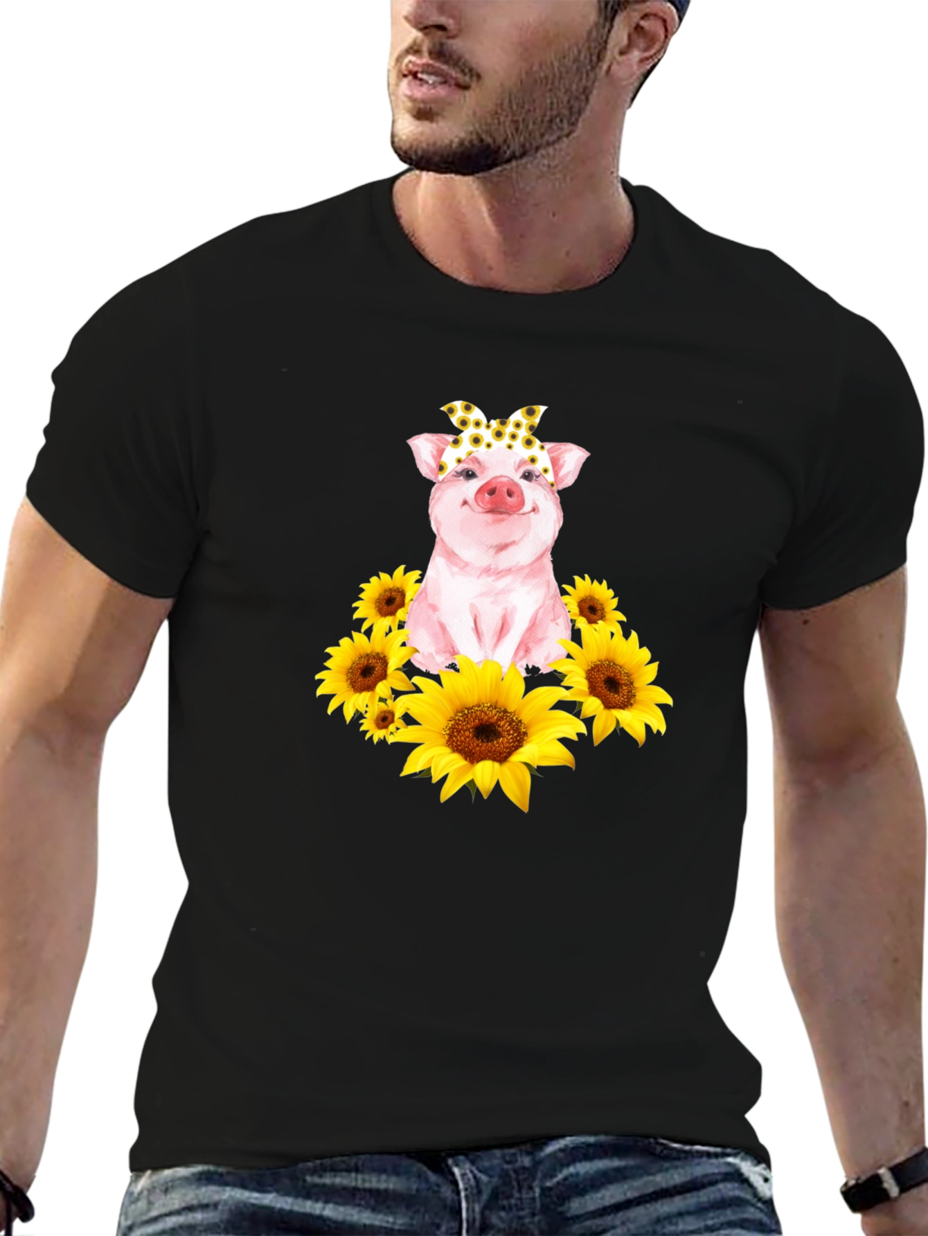 Cute Pig Sunflower T-Shirt - Unisex Black Tee