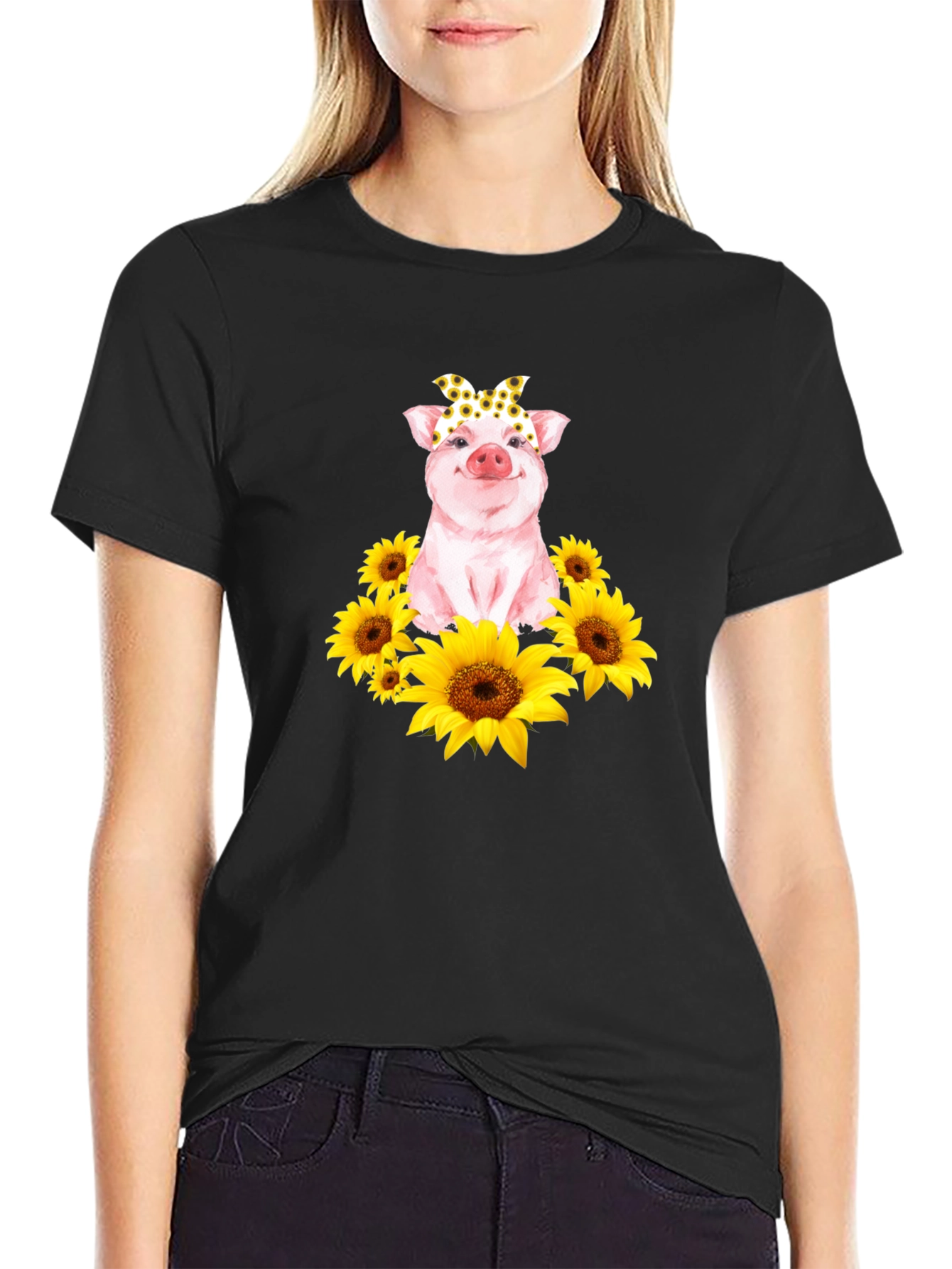 Cute Pig Sunflower T-Shirt - Unisex Black Tee