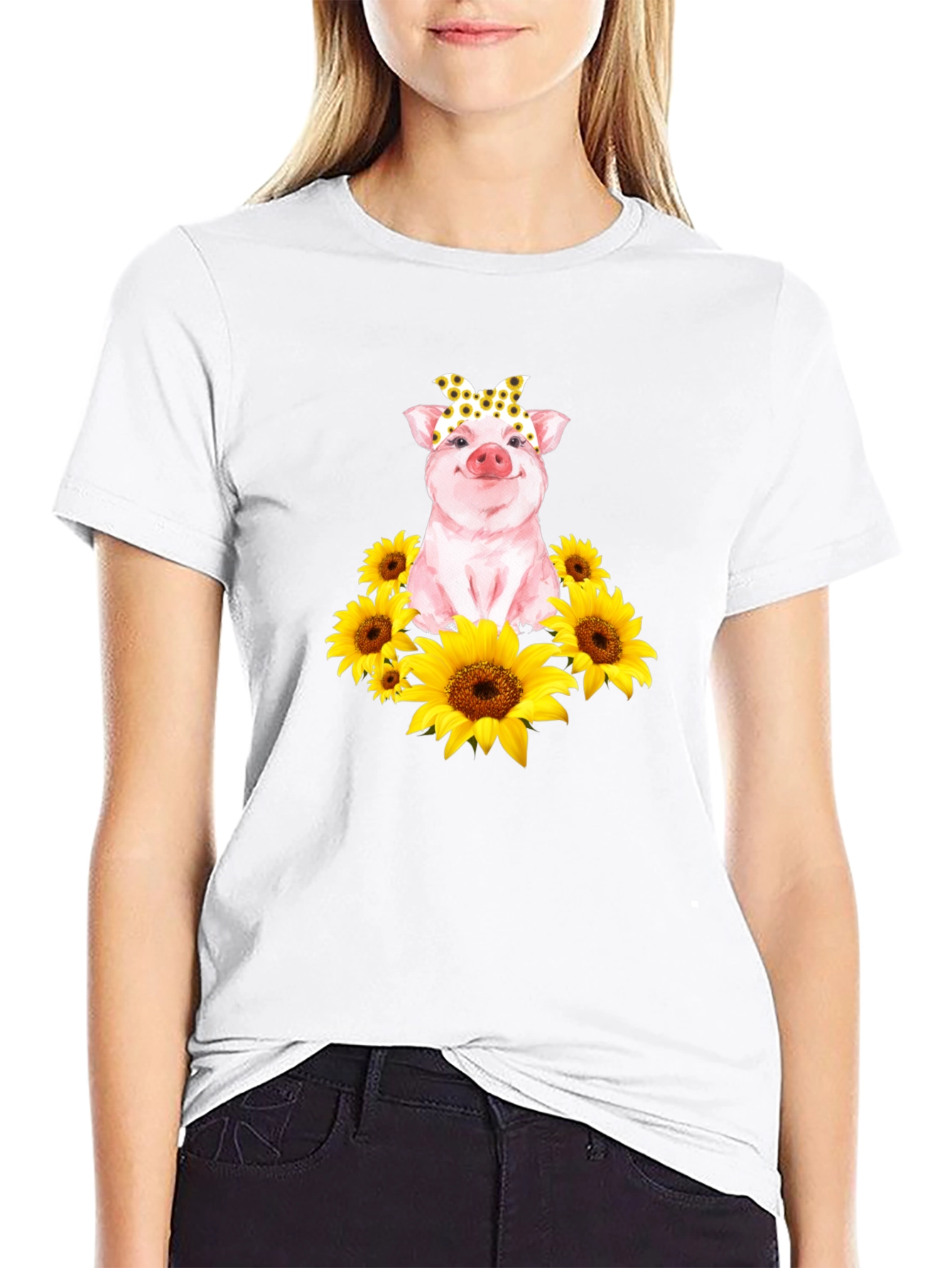 Cute Pig Sunflower T-Shirt - Unisex Black Tee