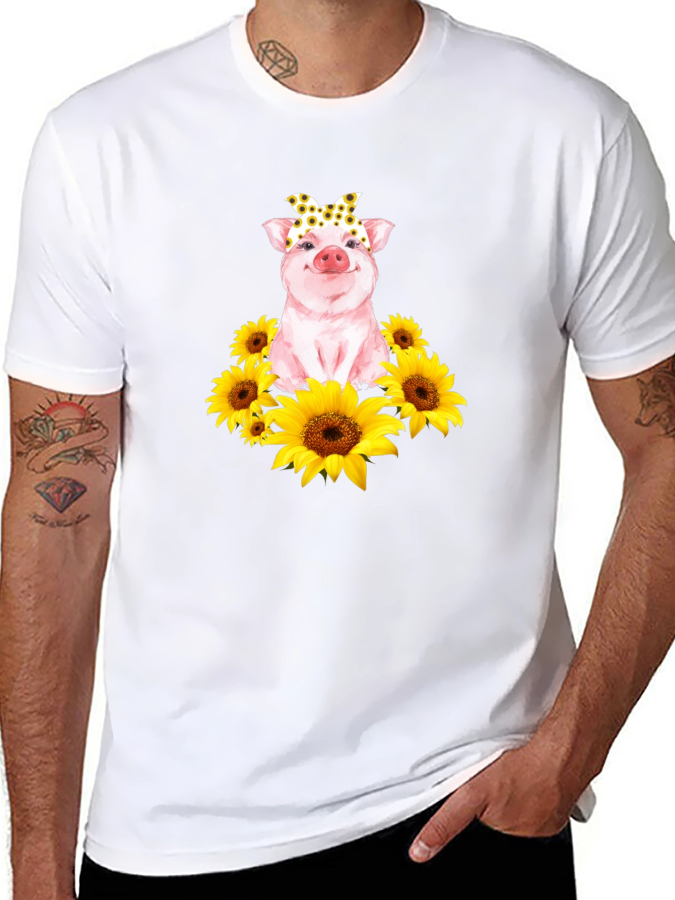 Cute Pig Sunflower T-Shirt - Unisex Black Tee