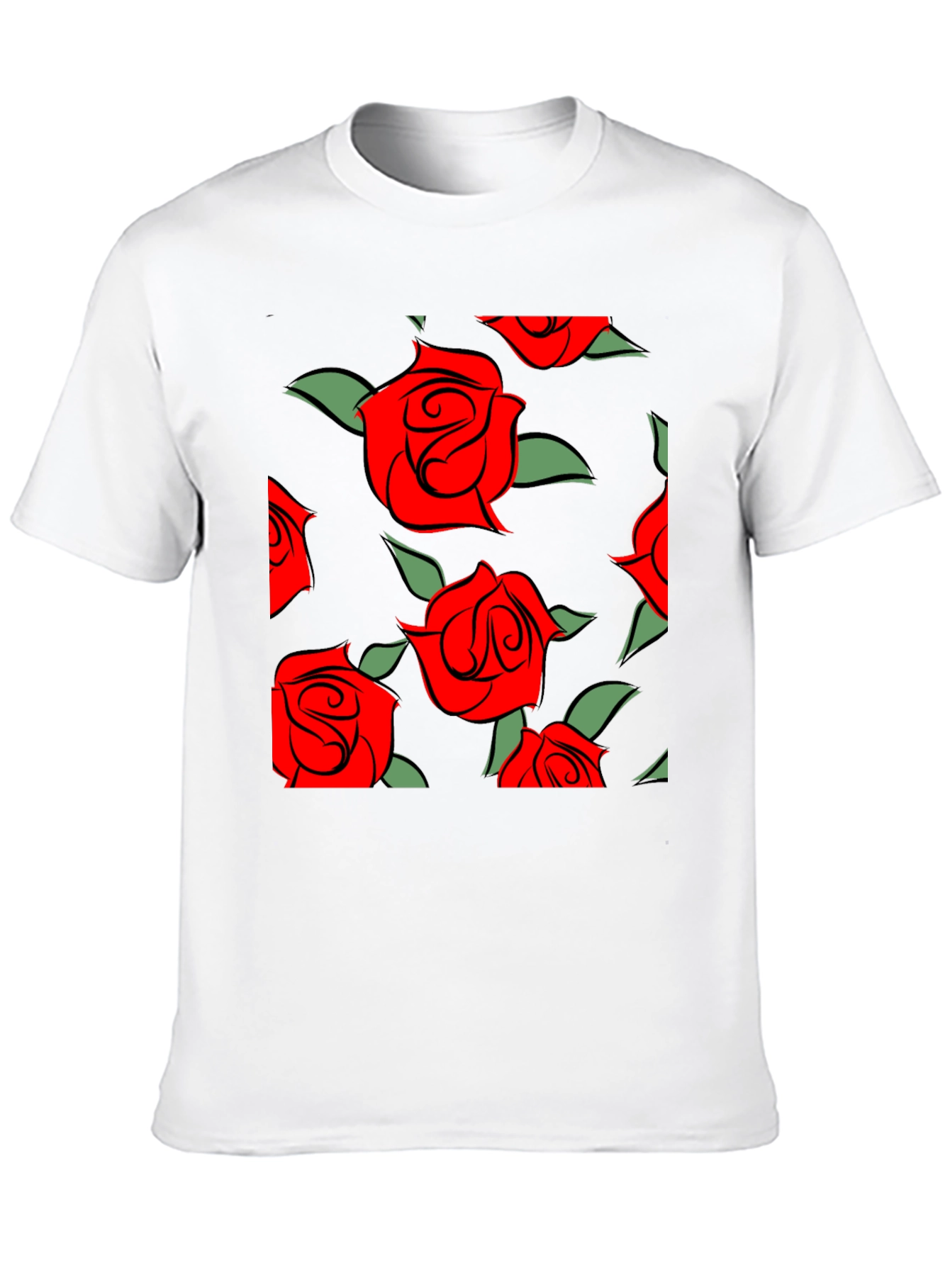 Red Rose Pattern Black T-Shirt