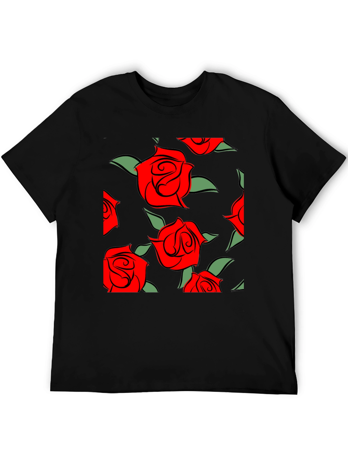 Red Rose Pattern Black T-Shirt