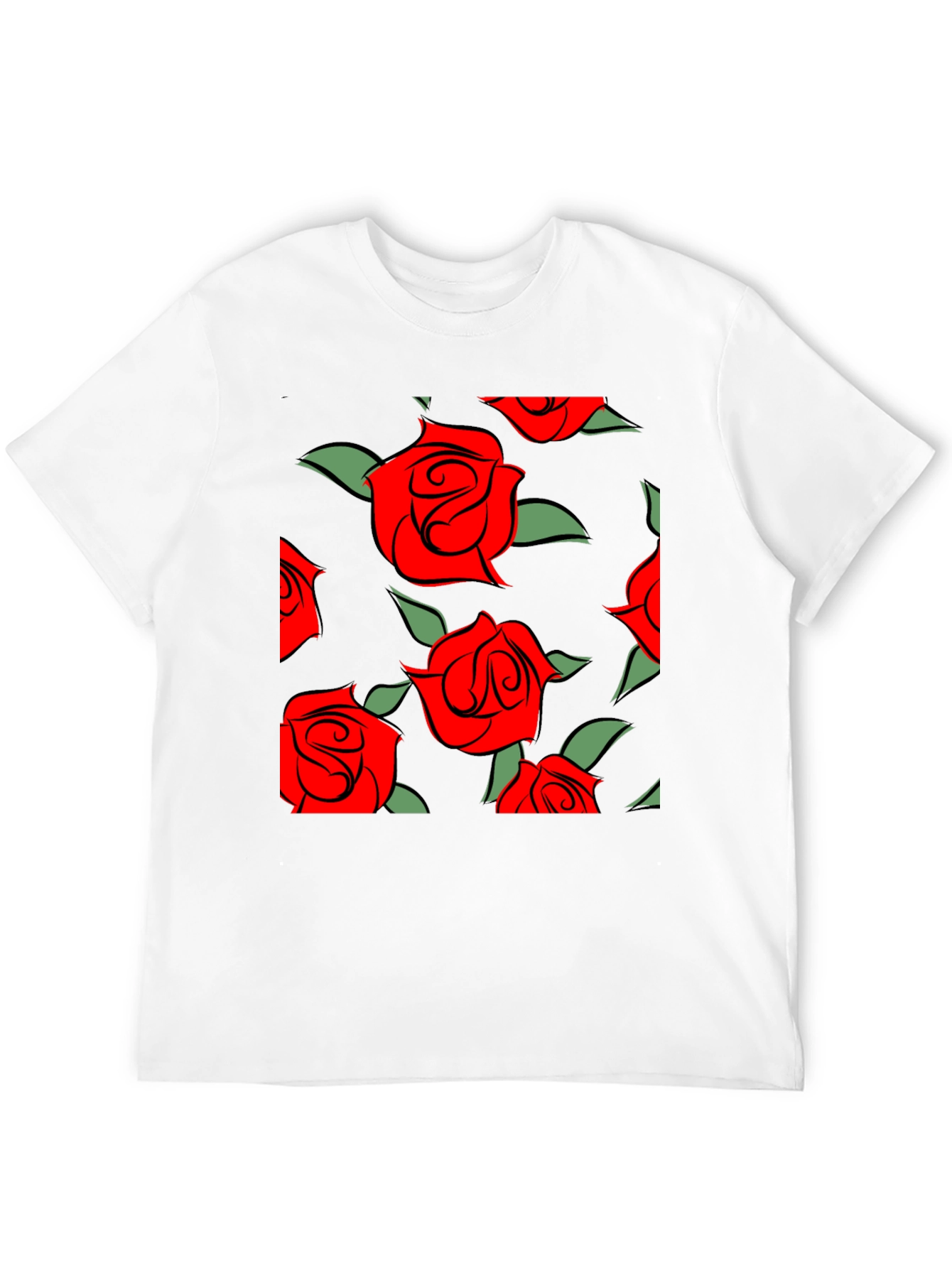 Red Rose Pattern Black T-Shirt