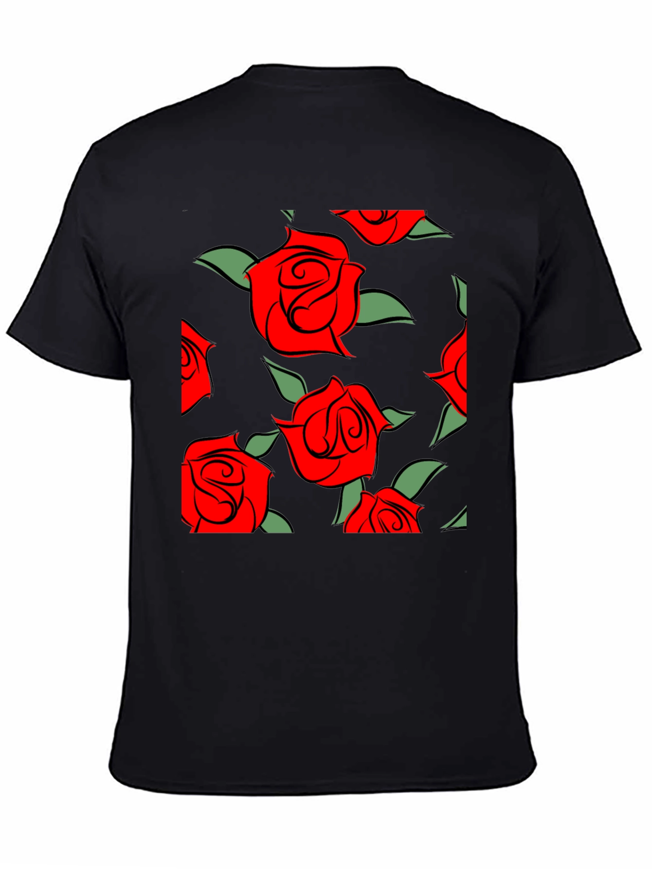 Red Rose Pattern Black T-Shirt