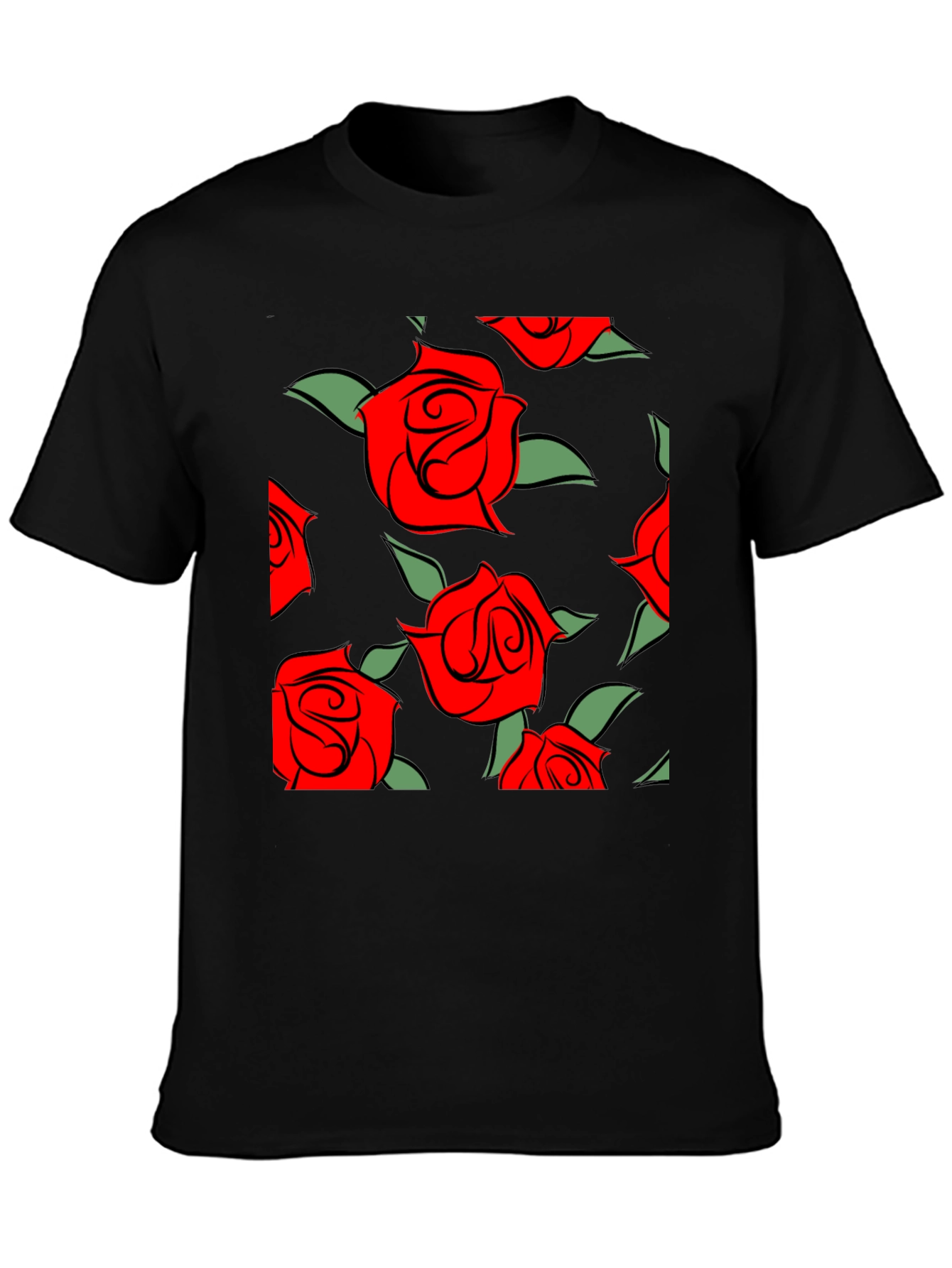 Red Rose Pattern Black T-Shirt