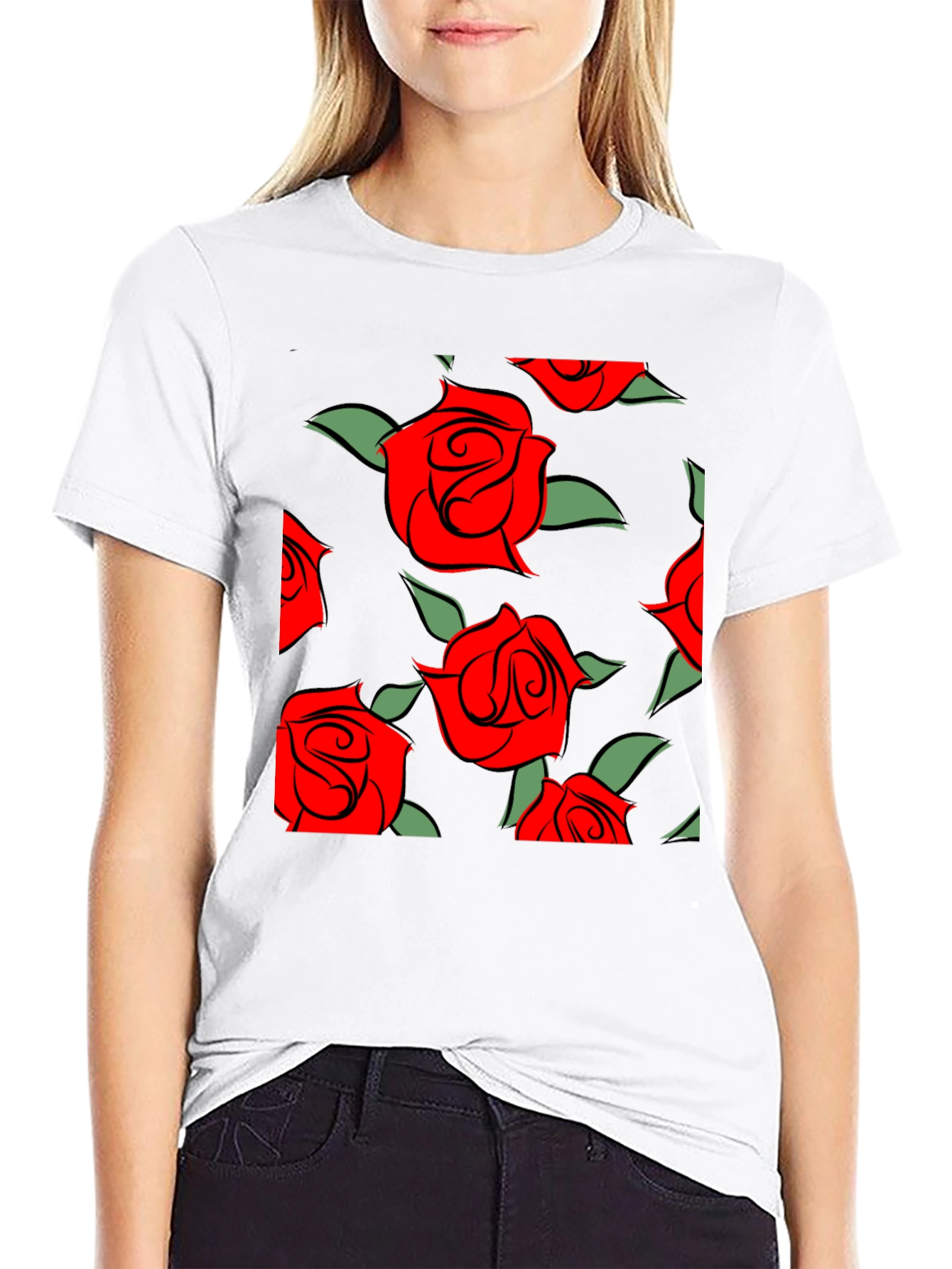 Red Rose Pattern Black T-Shirt