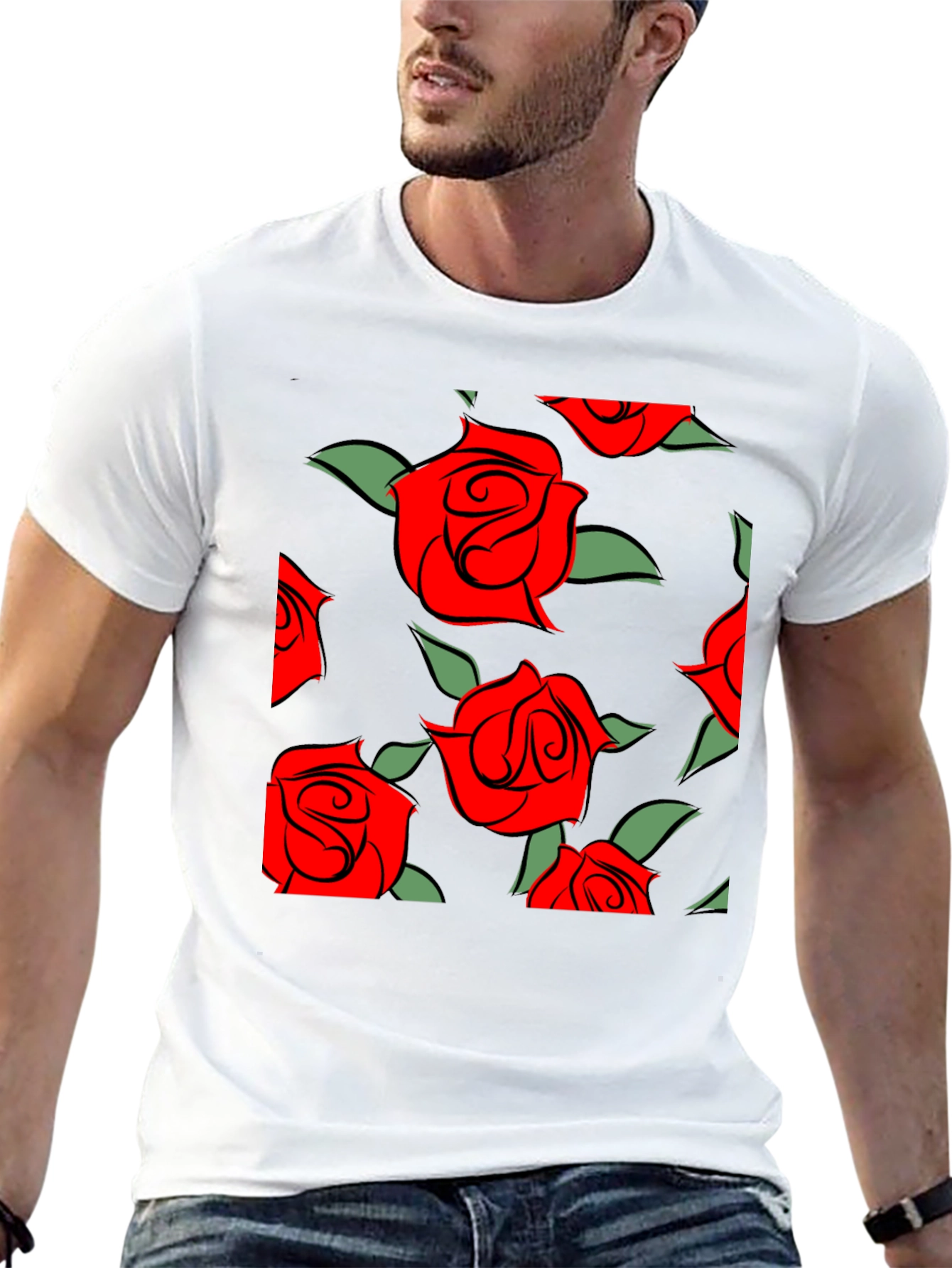 Red Rose Pattern Black T-Shirt