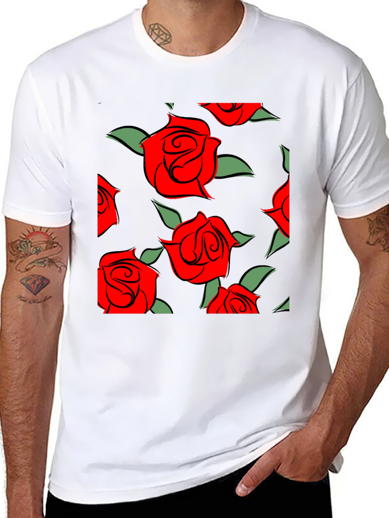 Red Rose Pattern Black T-Shirt