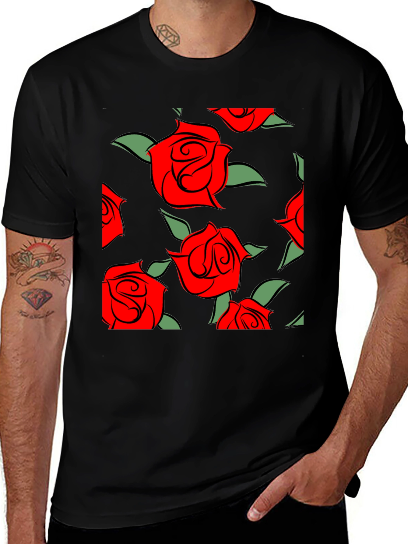 Red Rose Pattern Black T-Shirt