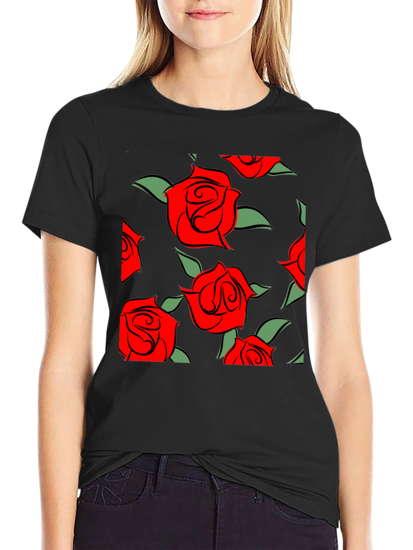 Red Rose Pattern Black T-Shirt